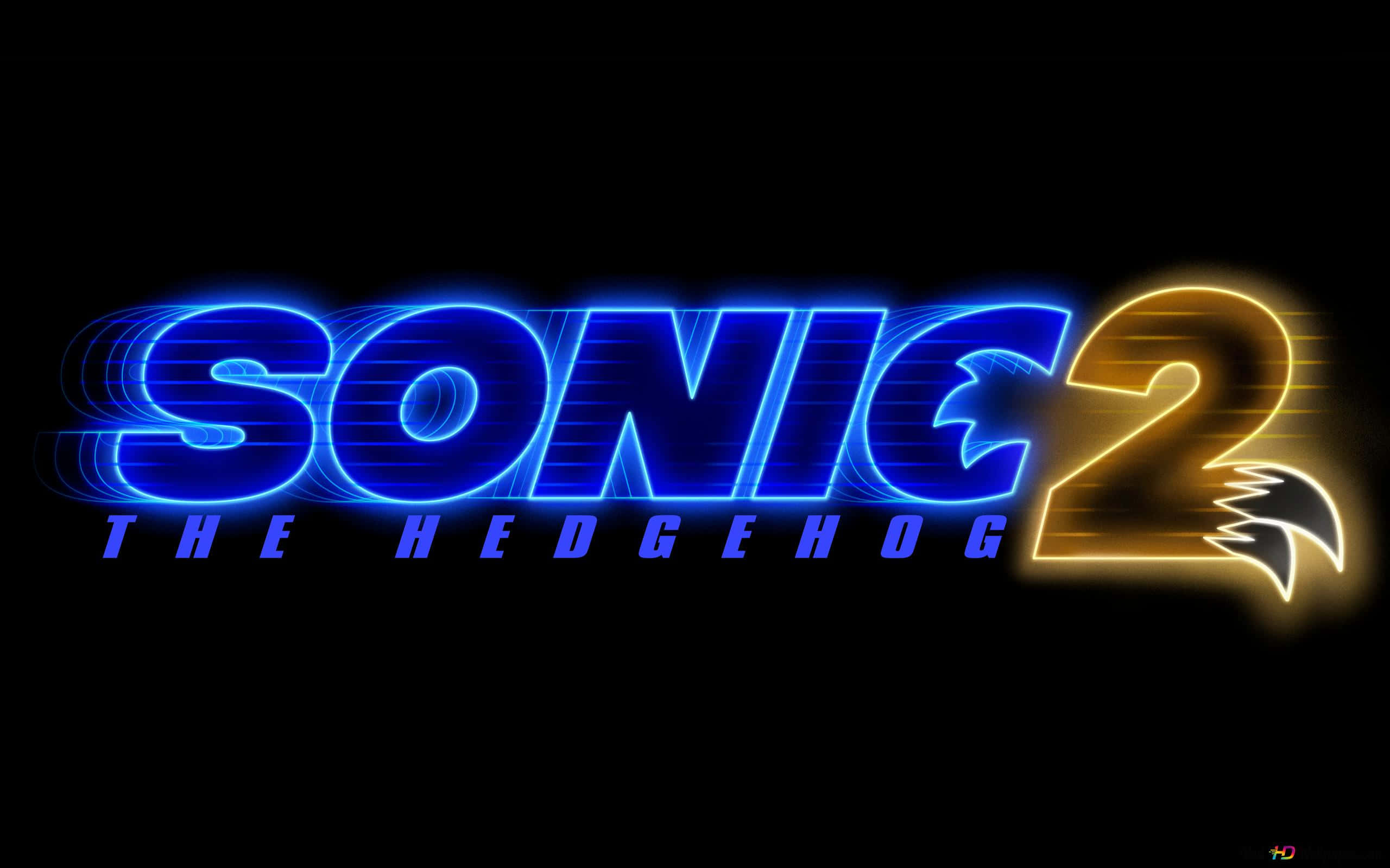 Sonic Logo 桌布 壁紙 — 在黑色背景上，為《超音鼠2》發光的藍色和金色霓虹標題標誌。