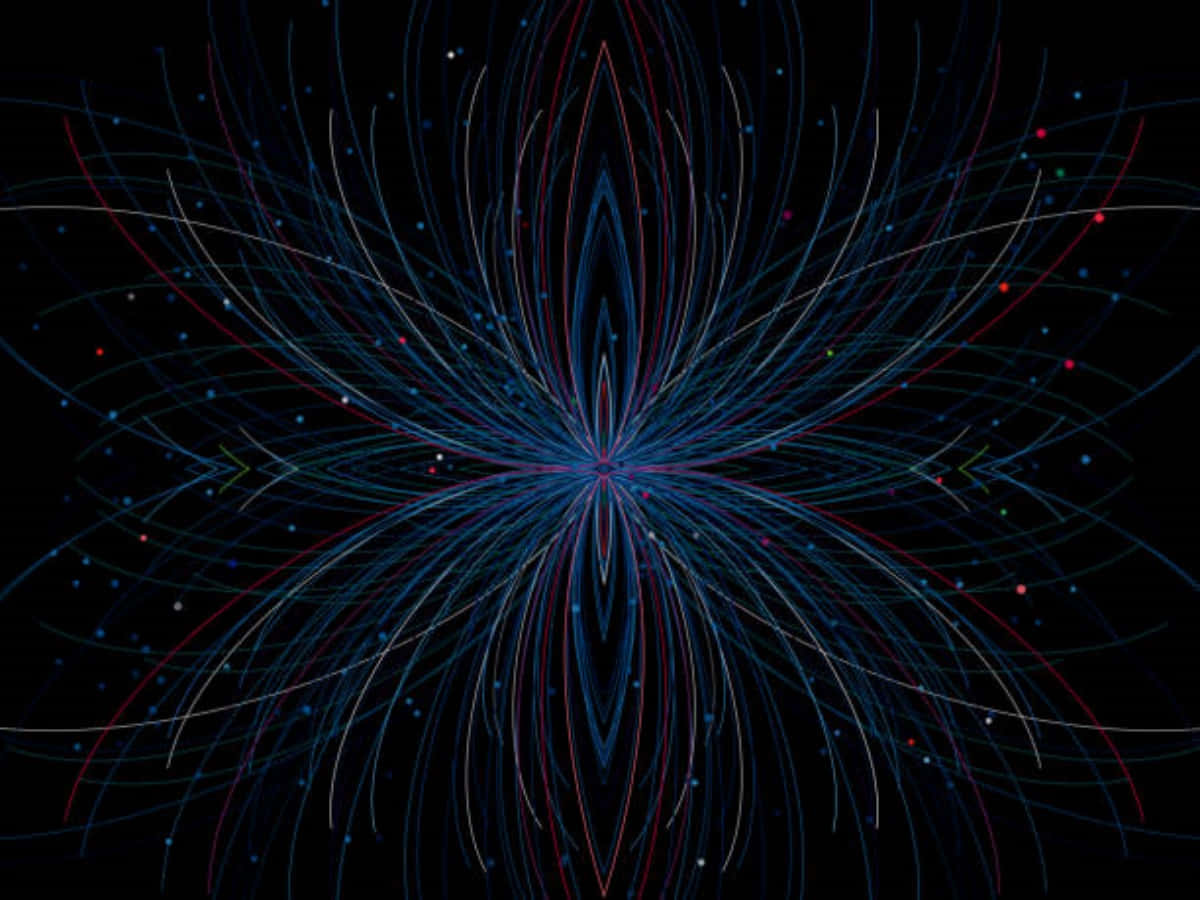 Magnetic Field 桌布 壁紙 — 在黑色背景上，點綴著細小彩色斑點，從中心點對稱地放射出發光的藍色和紅色線條。