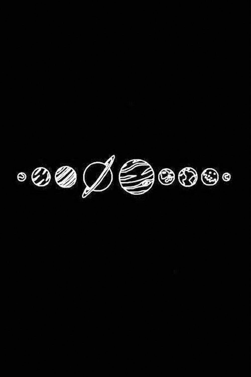 Solar System 桌布 壁紙 — 在黑色背景上水平排列的太陽系行星的極簡白色線條畫。