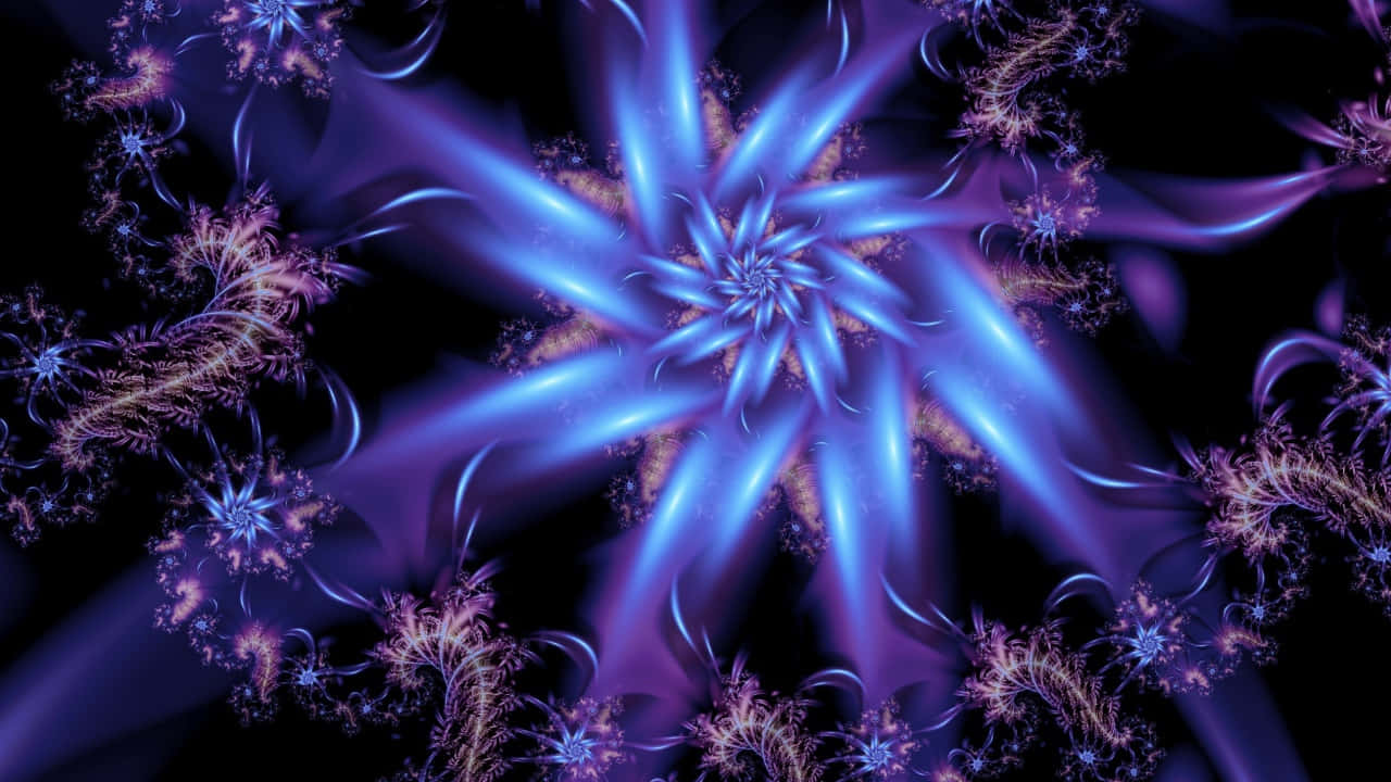 Beautiful Neon 桌布 壁紙 — 在黑色虛空中，從中央星爆散發出迷人的藍色和紫色分形爆炸。
