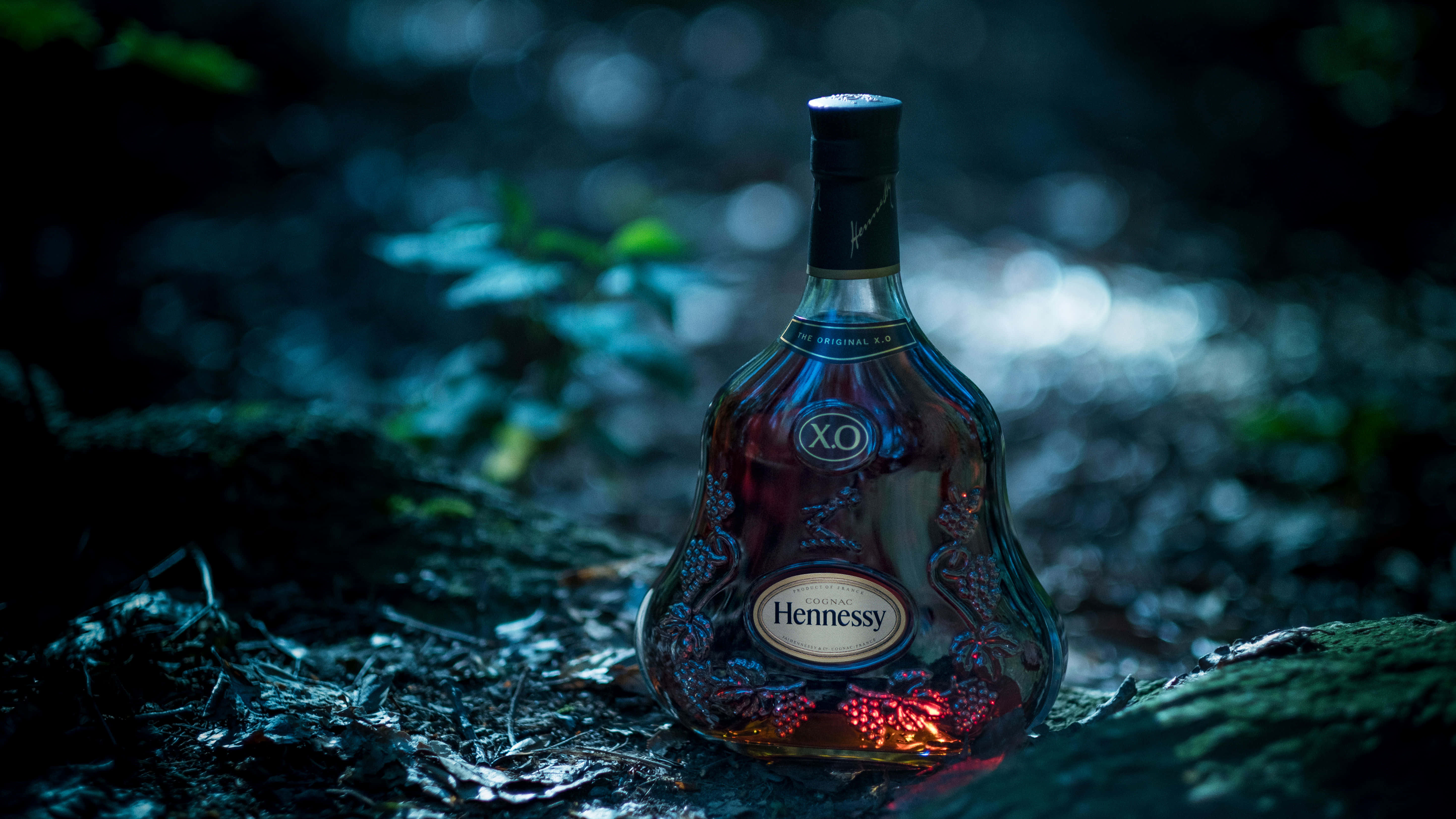 地上的 Hennessy 酒瓶 壁紙 — 一瓶軒尼詩XO在柔和的暮光下，在長滿苔蘚的森林地面上溫暖地發光。