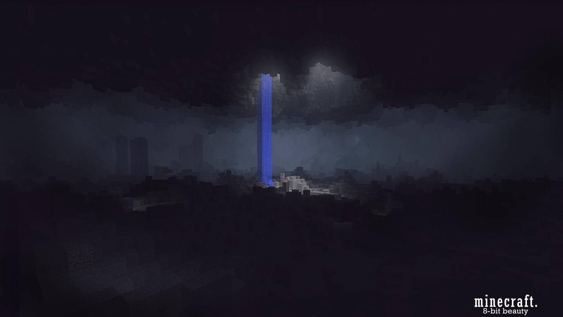 在暴風雨的夜空下，一道發光的藍色光束從Minecraft城市中升起。