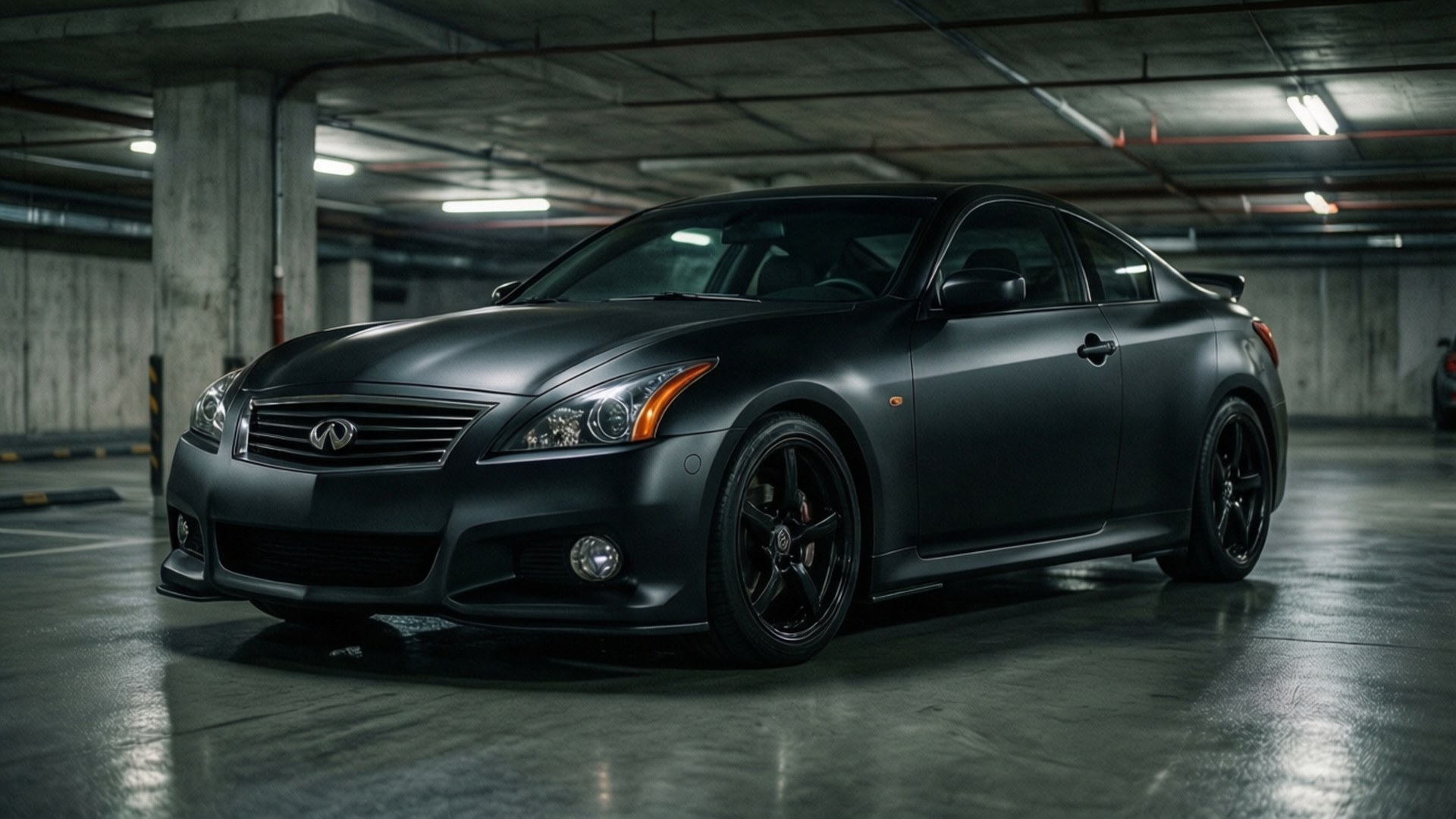 啞光黑色 Infiniti G35 雙門轎跑車停在光線昏暗的地下車庫。