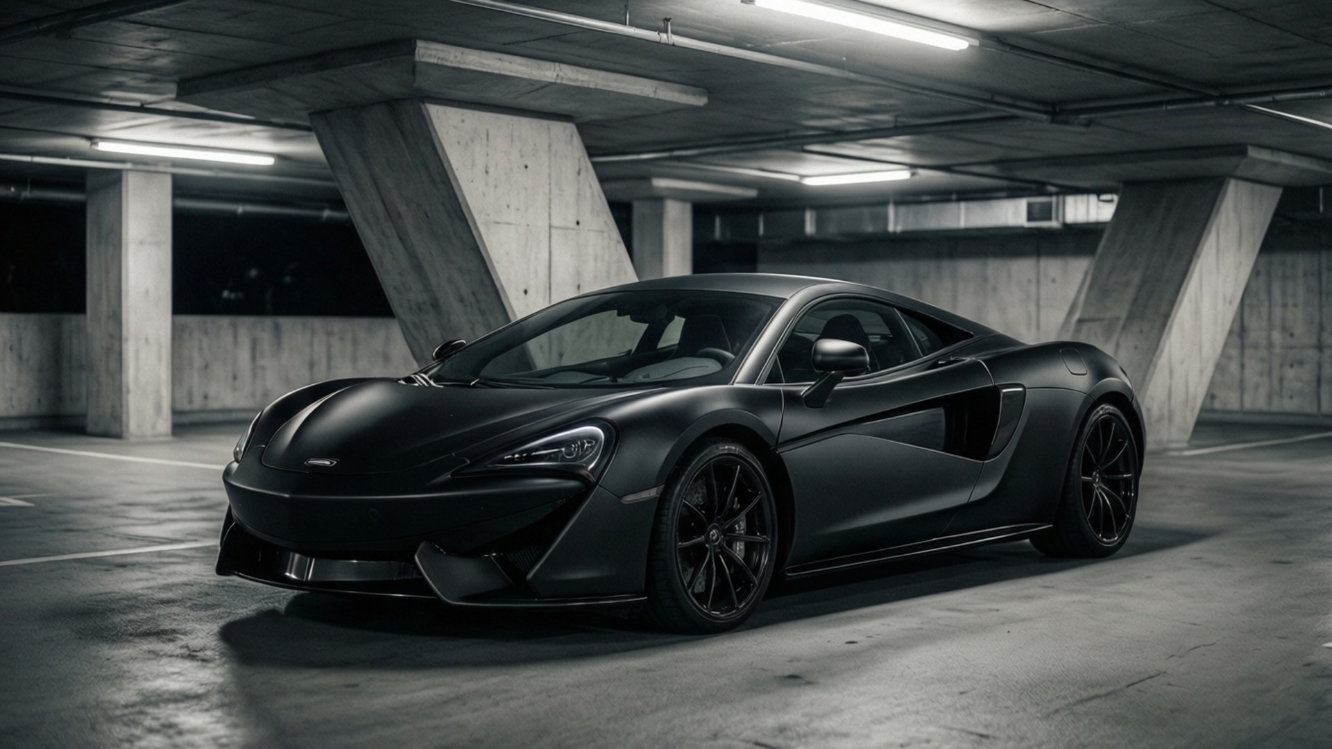 啞光黑色McLaren跑車在混凝土地下停車場。