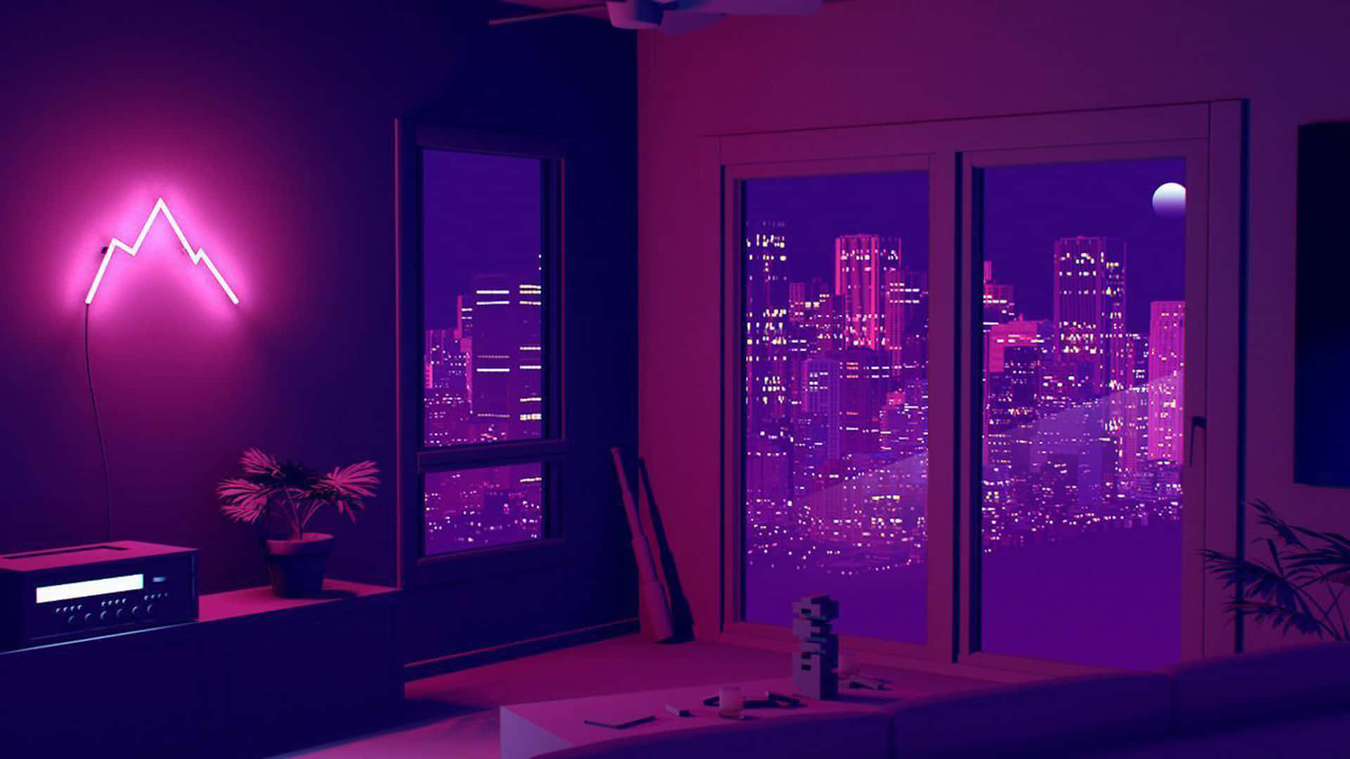 現代客廳，配有霓虹山形燈和城市夜景。