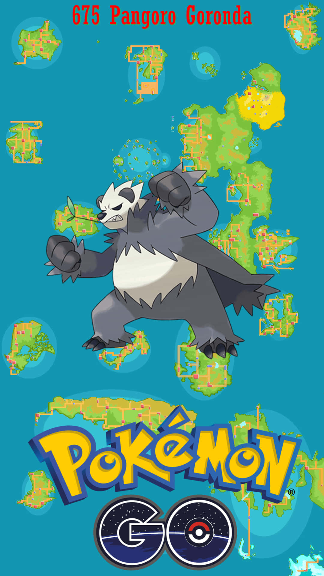 龐岩怪寶可夢角色，帶有遊戲地圖碎片和Pokémon GO標誌，背景為青綠色。