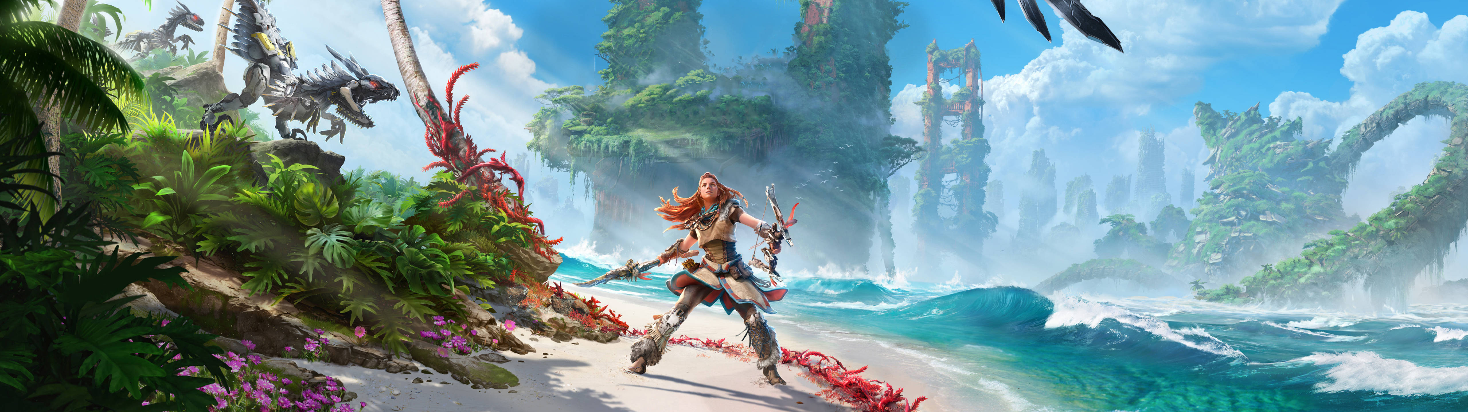 戰士在熱帶海灘上與恐龍戰鬥，背景有叢林懸崖和拍岸海浪。