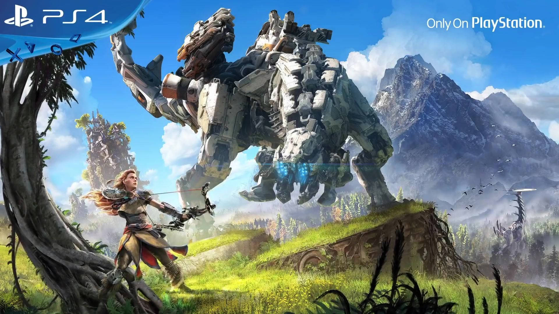 戰士在奇幻山景中將弓箭瞄準巨型機械野獸。