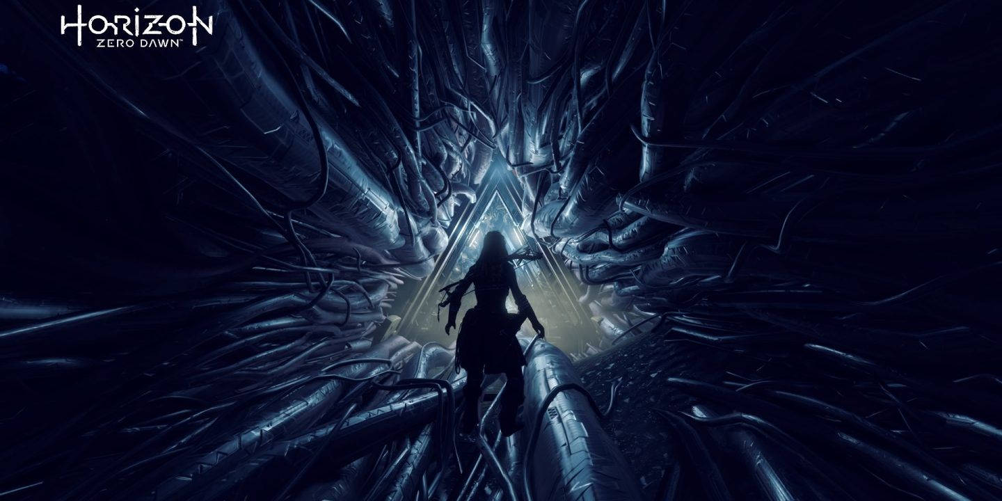 在黑暗科幻場景中，戰士面對發光機械結構的剪影。