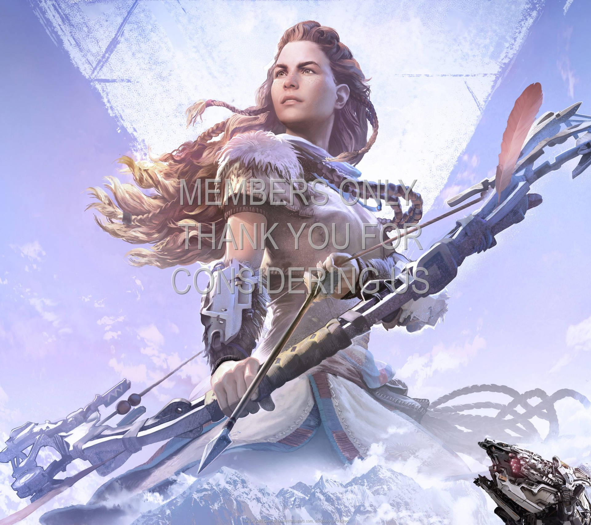 一位女戰士在雪山上瞄準一把未來主義的弓。