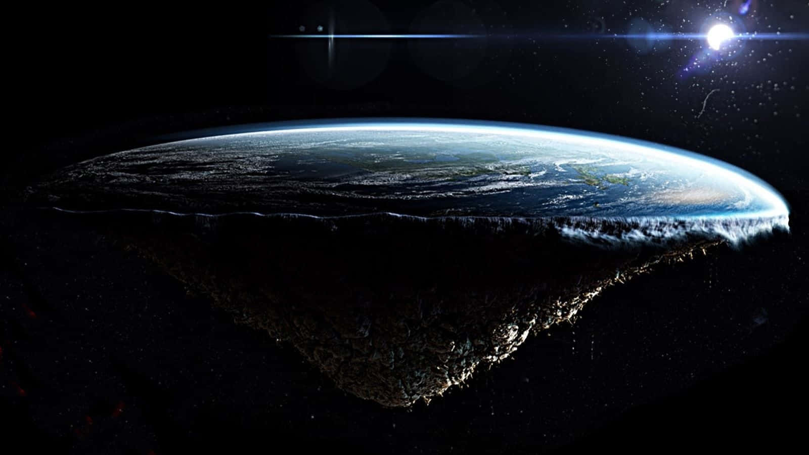 漂浮的地球，在明亮的太陽下，太空中可見大陸和海洋。