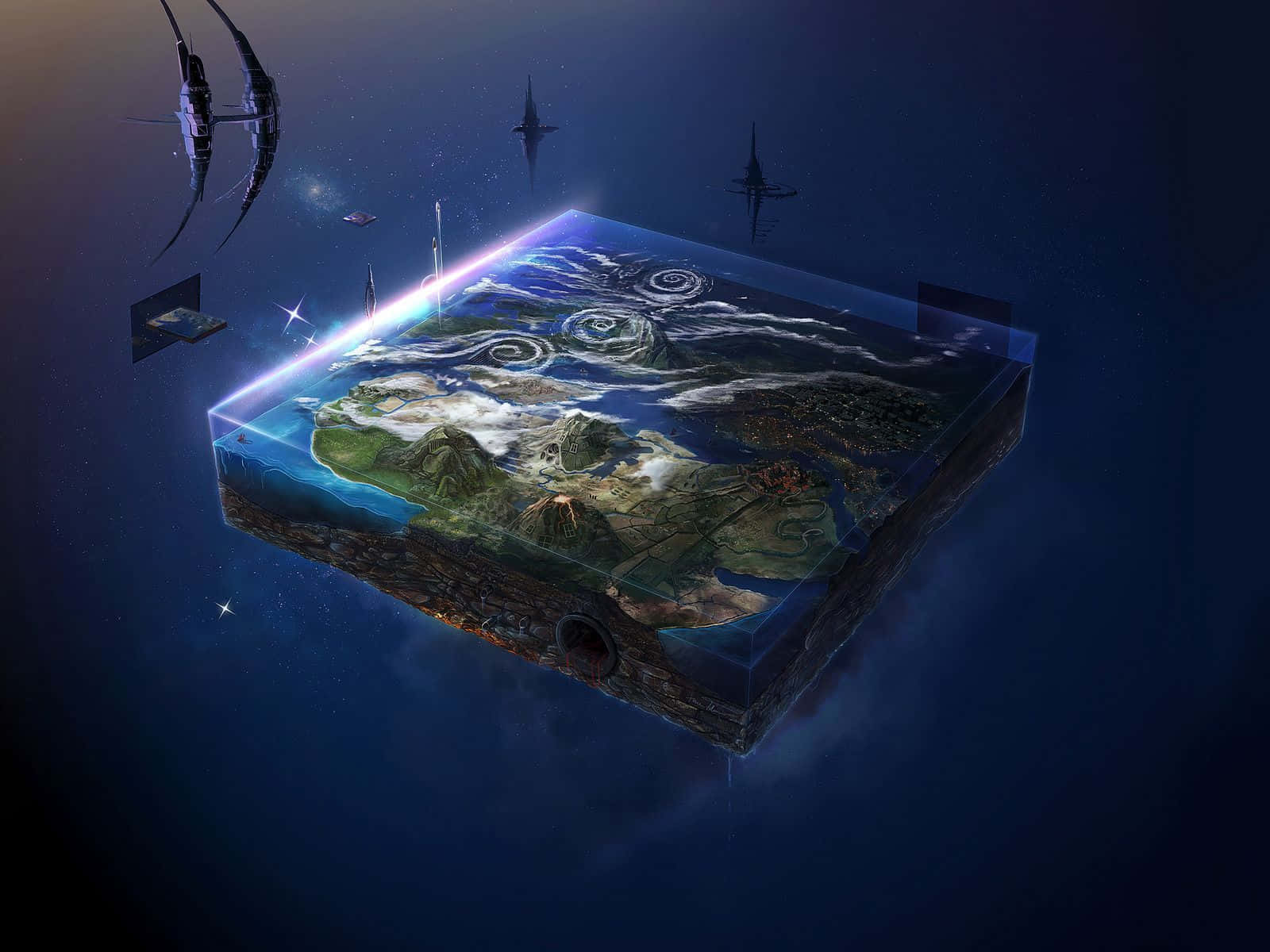 漂浮的立方體，內部有行星，周圍環繞太空船