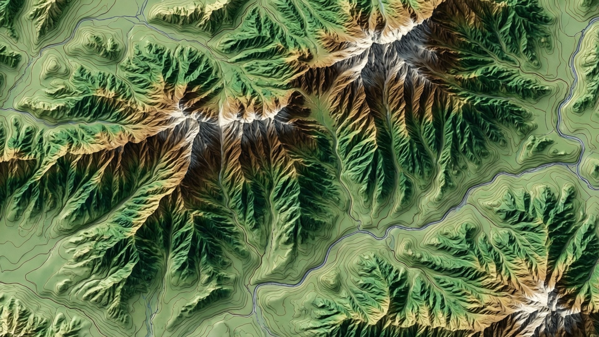 地形圖顯示山脈和河流，帶有綠色和棕色陰影。