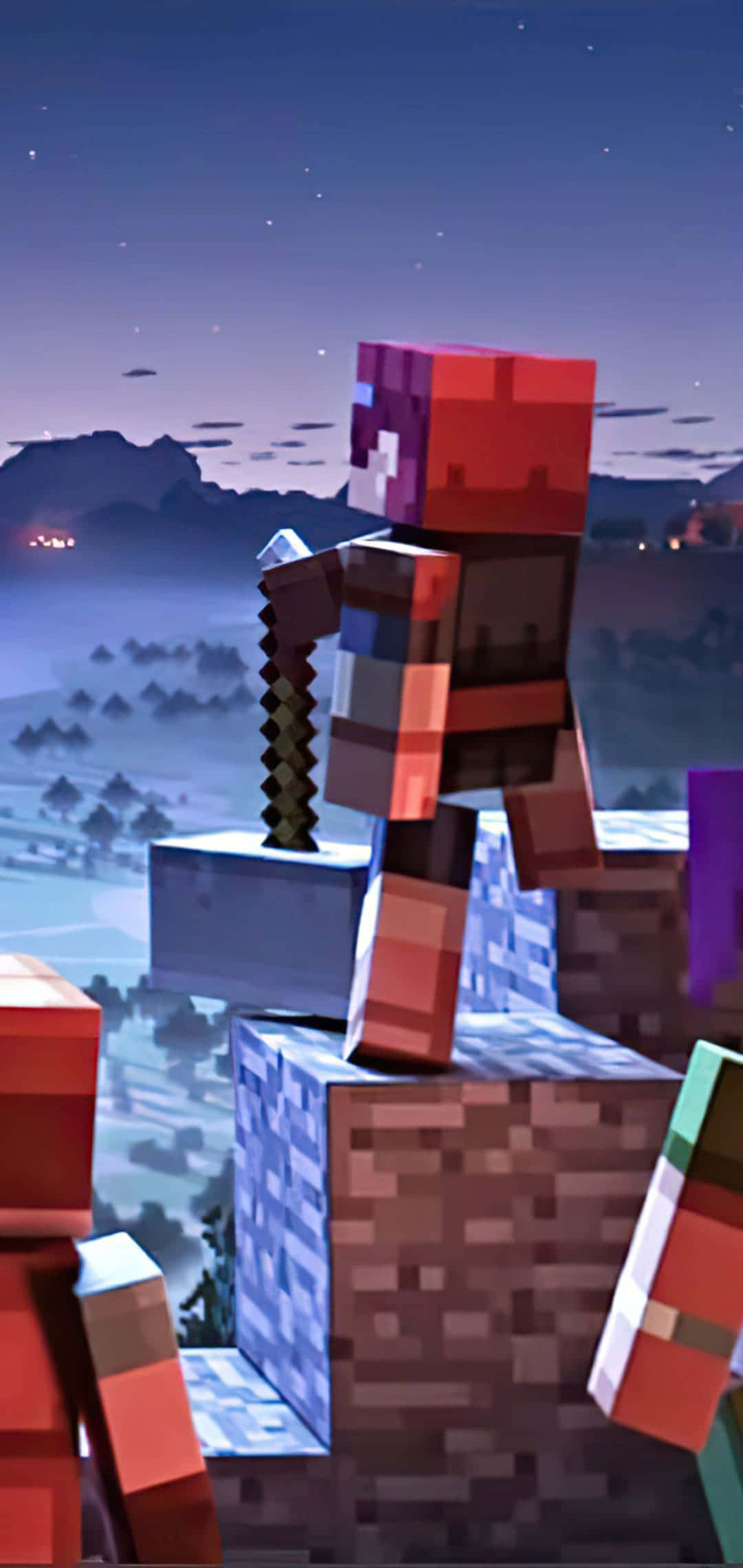 地牢英雄像素3我的世界背景 壁紙 — 一個像素化的Minecraft角色站在石塊上，俯瞰黃昏時霧氣瀰漫的山谷。
