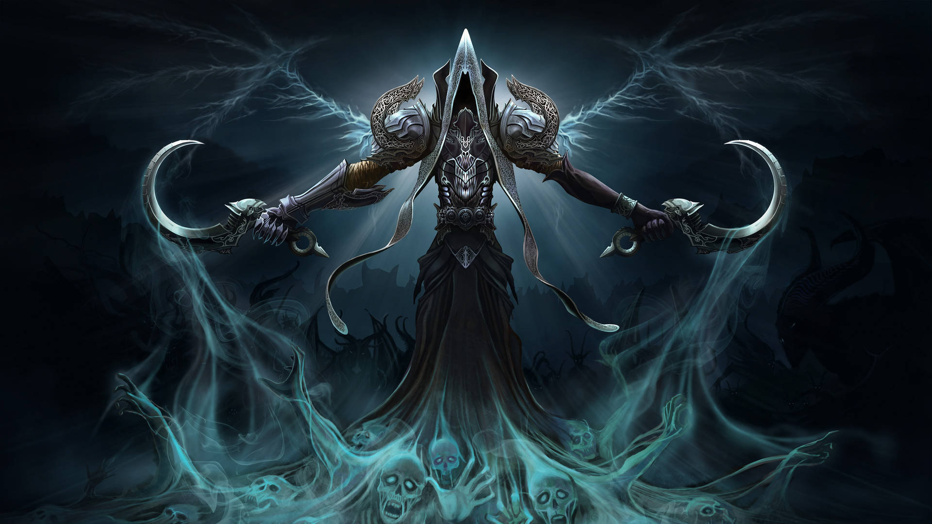 帶有發光藍色能量和骷髏的惡魔戰士手持彎曲刀刃。