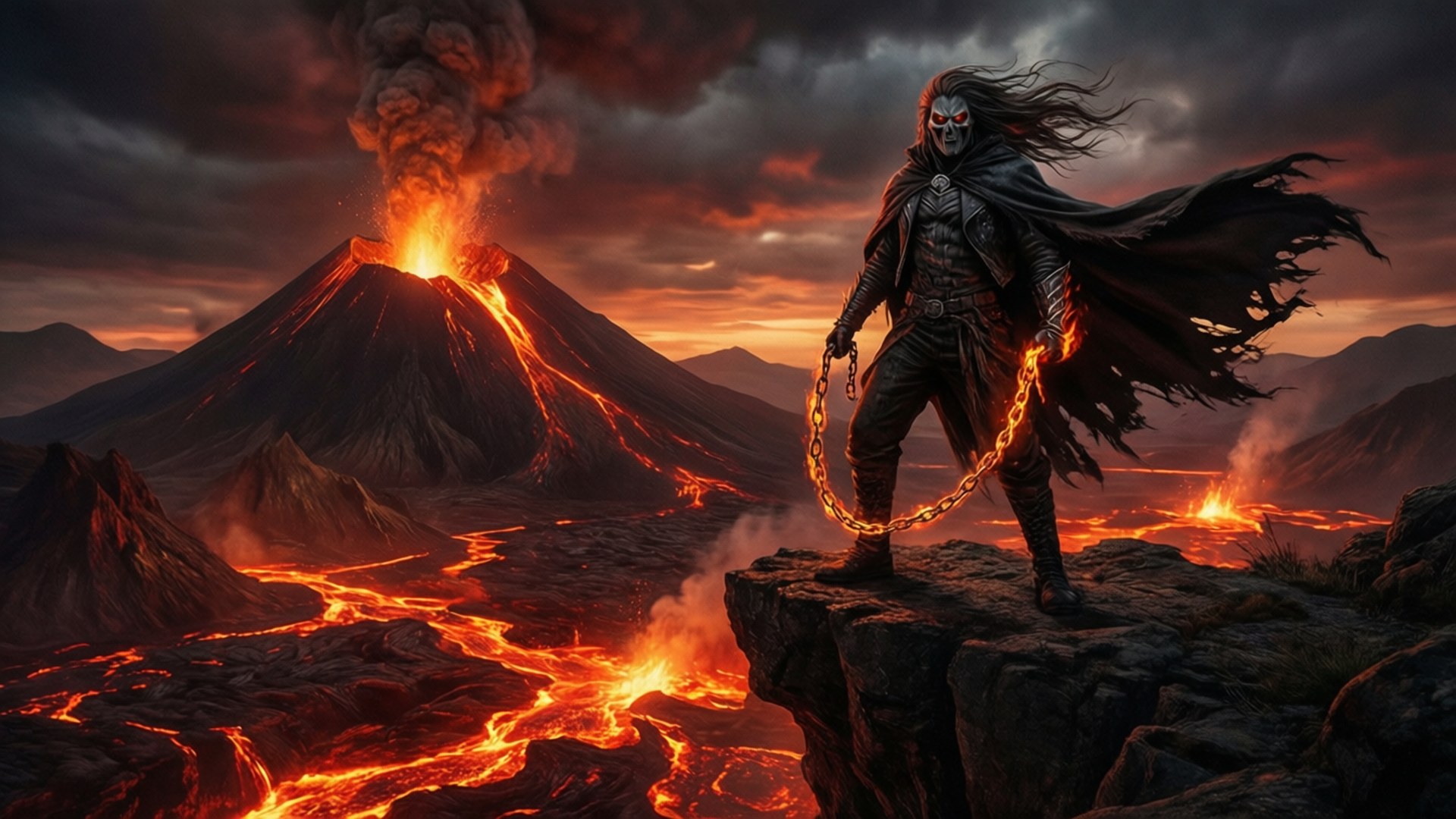 骷髏戰士手持燃燒鎖鏈站在懸崖上俯瞰火山爆發
