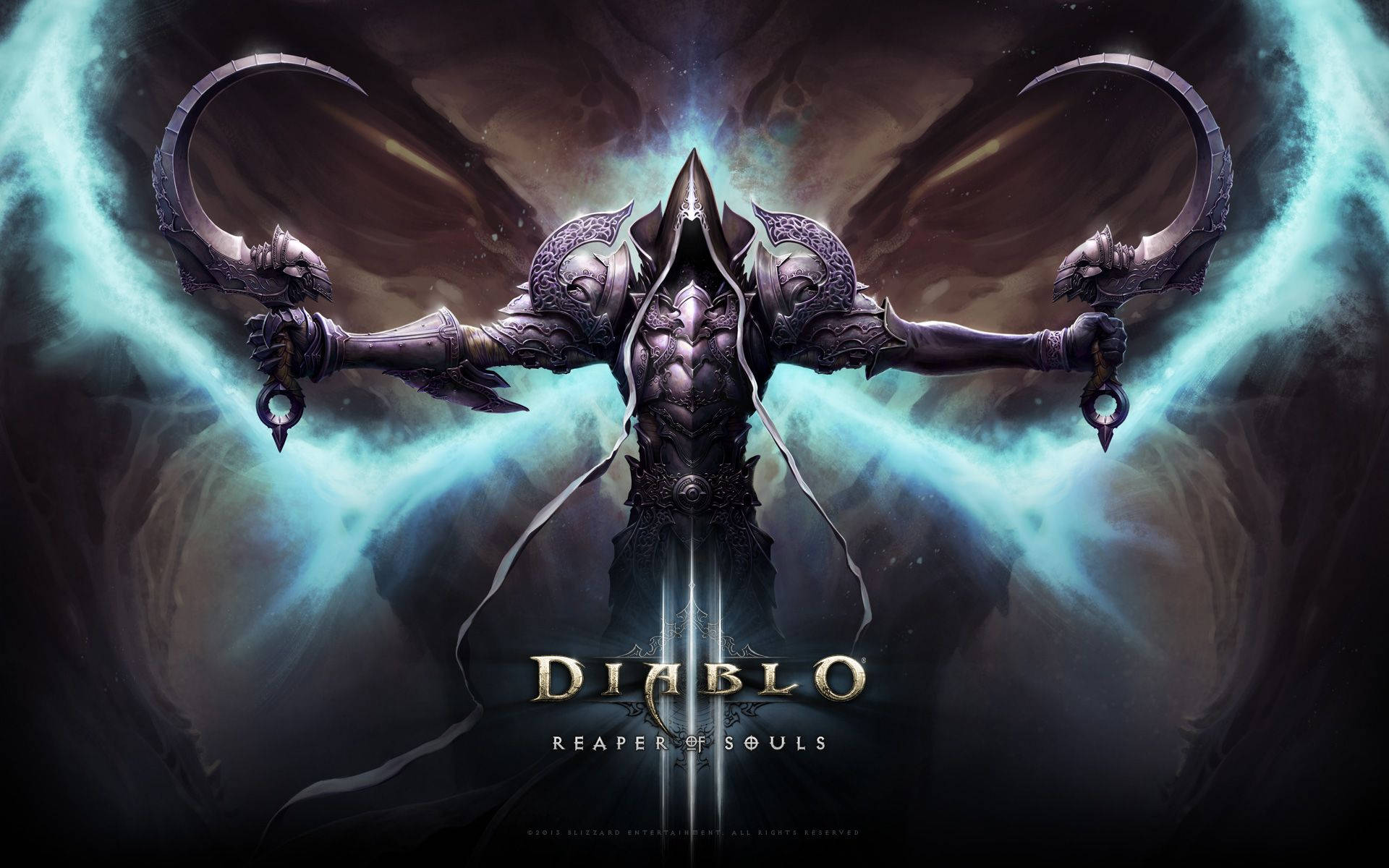 Diablo Reaper of Souls 惡魔，帶有發光藍色翅膀和鐮刀