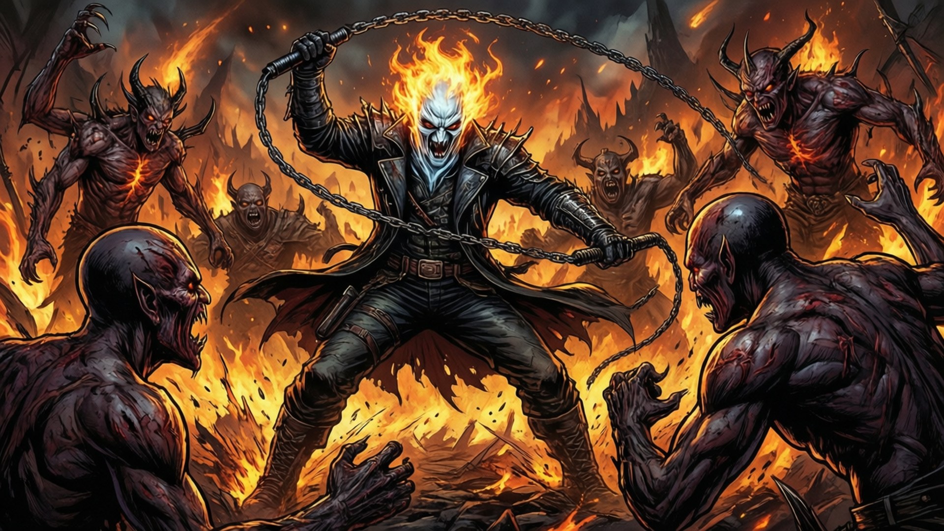 Ghost Rider 在熾熱的地獄場景中與惡魔戰鬥。