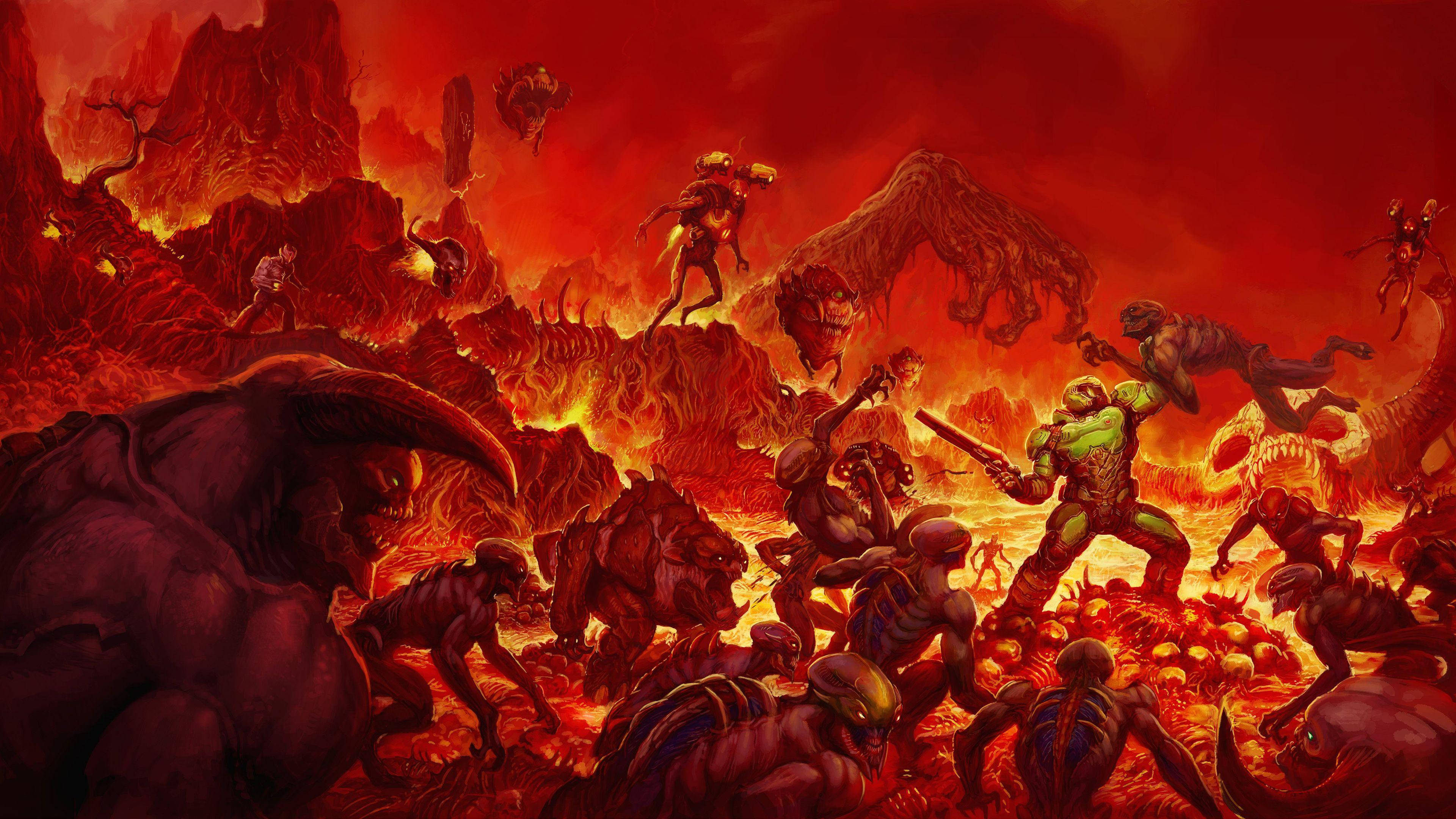 地獄之戰 Doom HD 壁紙 — 一名身穿綠色盔甲的戰士在血紅色的天空下，於熾熱的地獄般景觀中與怪物戰鬥。