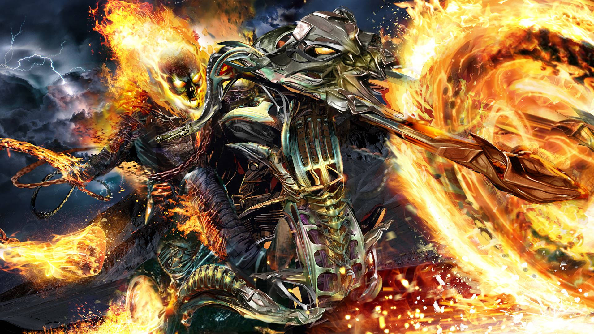 Ghost Rider 在暴風雨和閃電中騎著燃燒的電單車 — 鬼 Rider 壁紙