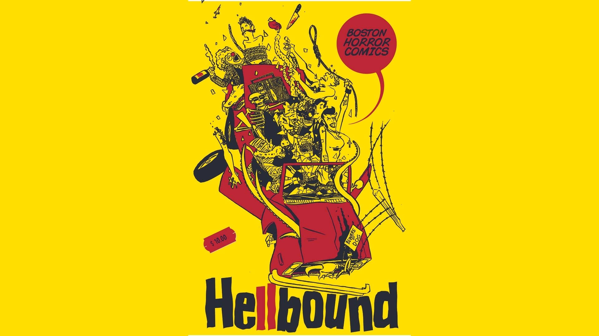 Hellbound 漫畫封面，紅色汽車在黃色背景上爆炸成恐怖人物。