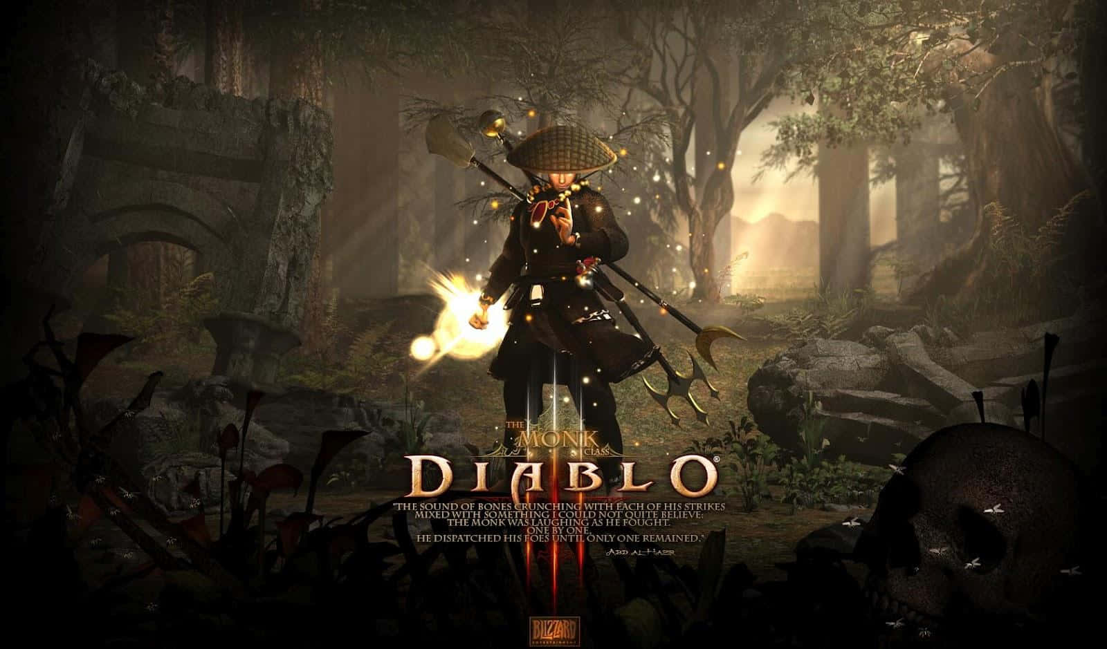 地獄勢力再次崛起——《Diablo 2 Resurrected》 壁紙 — 一位戴竹帽的僧侶戰士在廢墟和迷霧森林中揮舞發光武器，前景有一個頭骨。
