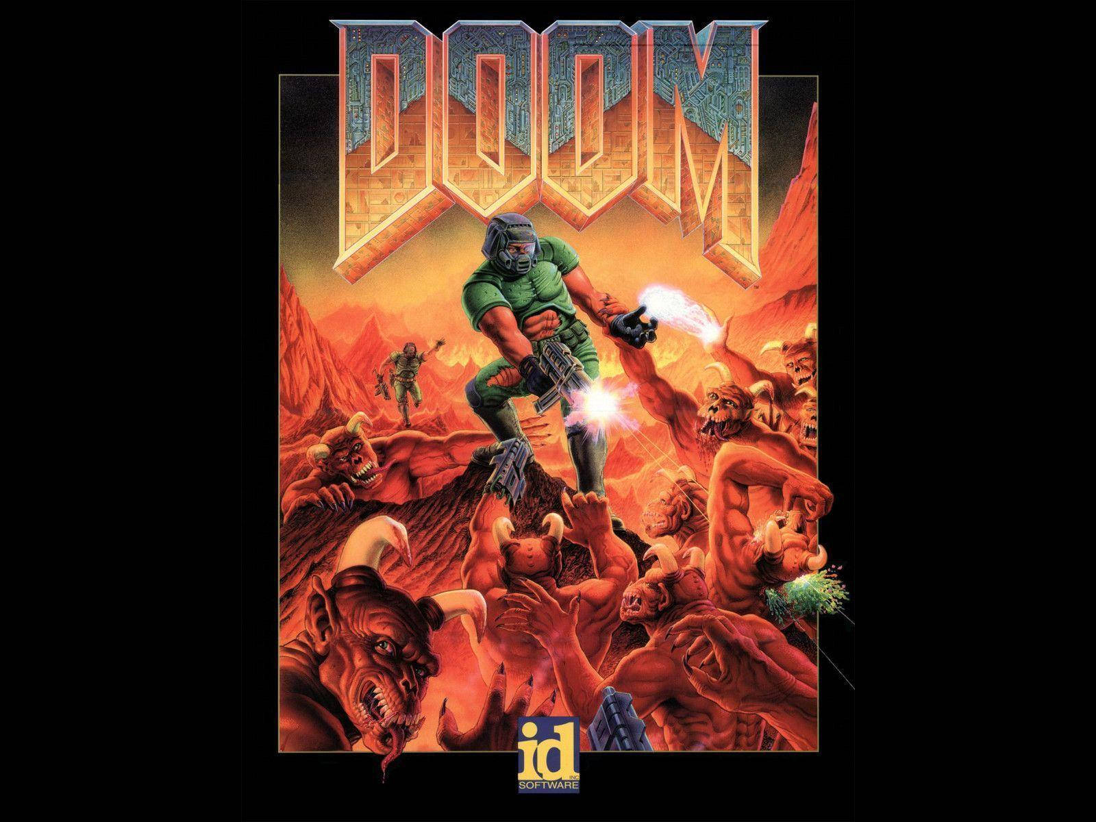 來自遊戲 DOOM 的士兵在熾熱的外星景觀中與惡魔戰鬥。