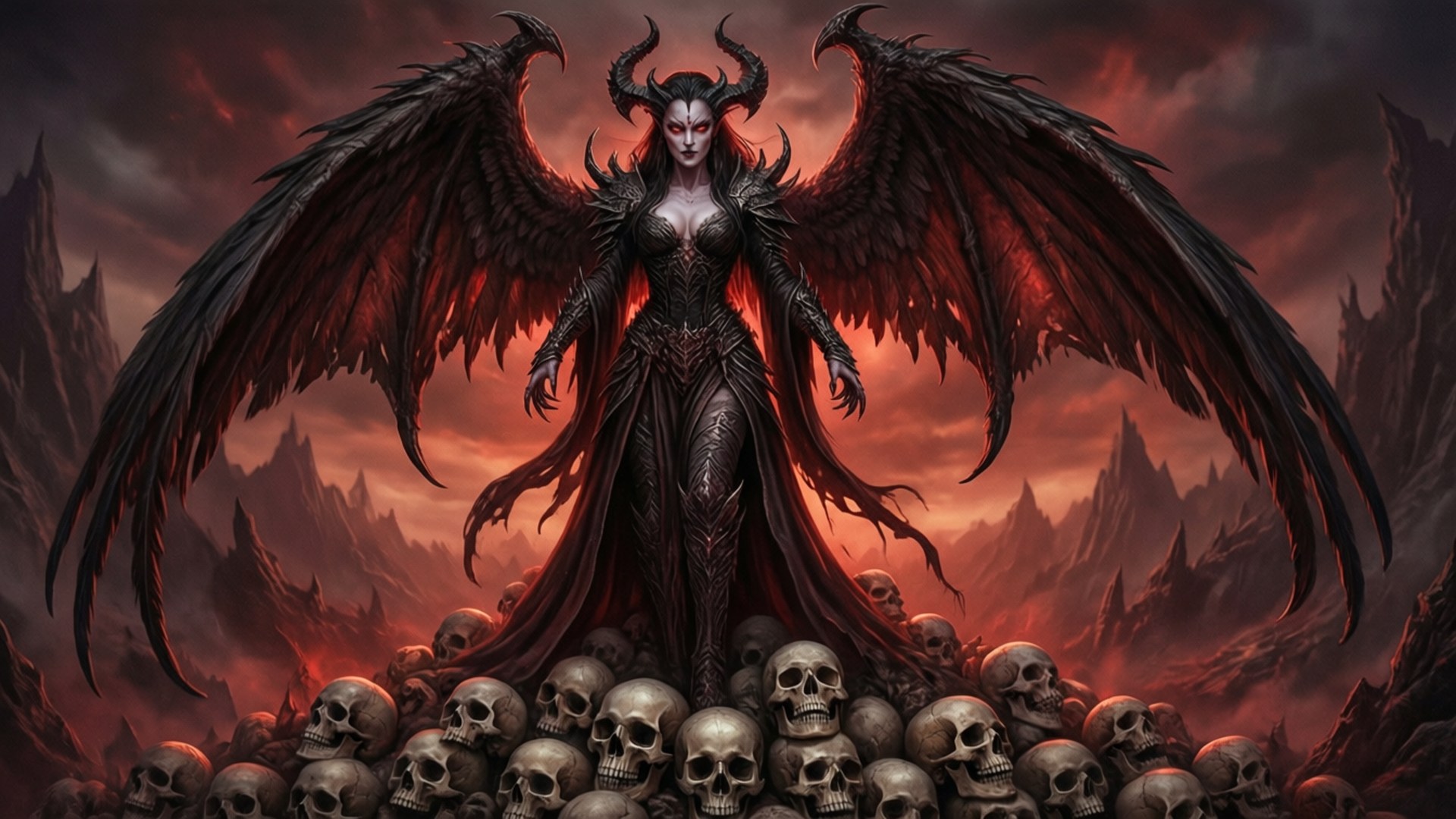 長著黑色翅膀和角的惡魔女王，站在火熱風景中的頭骨上。