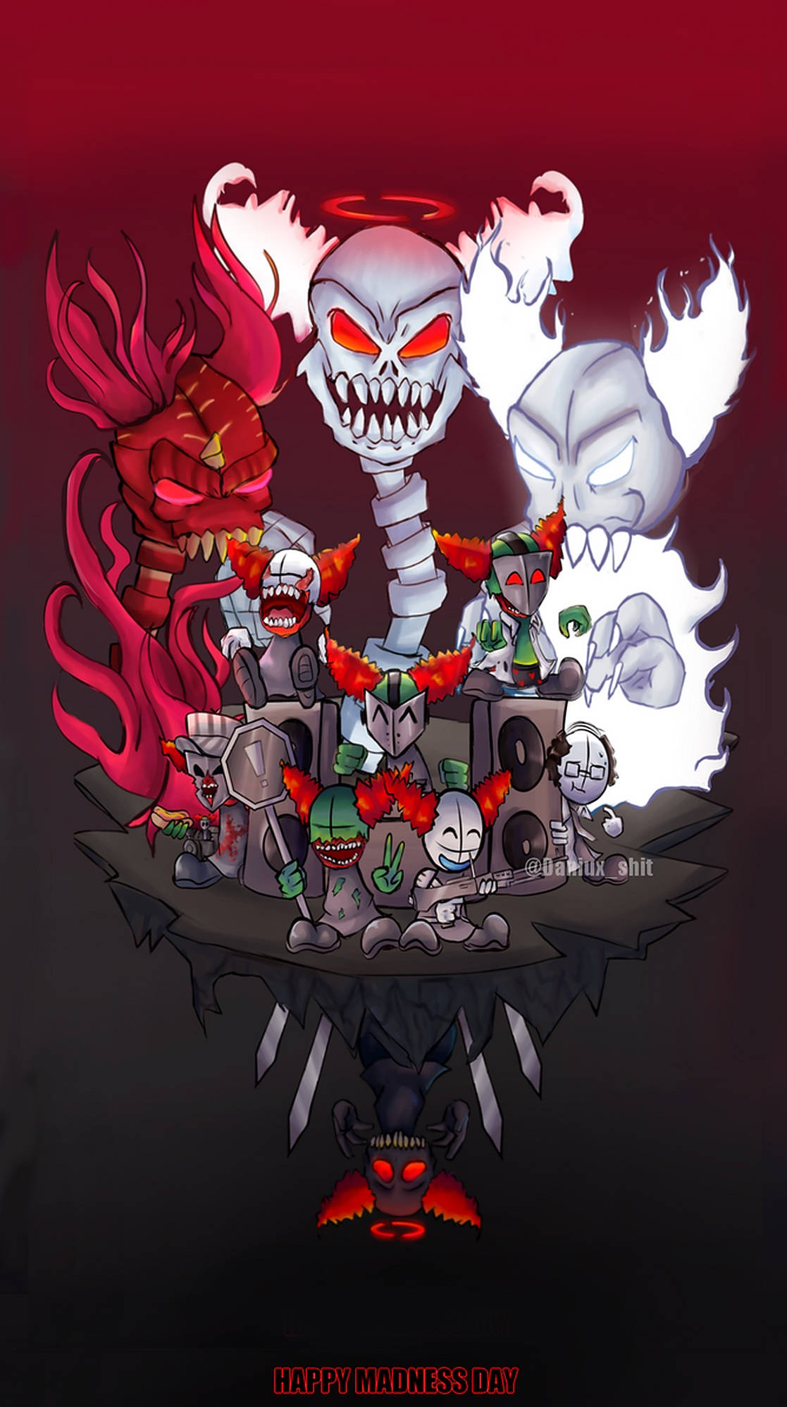 地獄小丑同人藝術 壁紙 — 一個卡通風格的惡魔和鬼魂角色樂隊，擁有發光的紅色眼睛和火焰般的點綴，在一個漂浮的平台上表演，背景是深紅色。