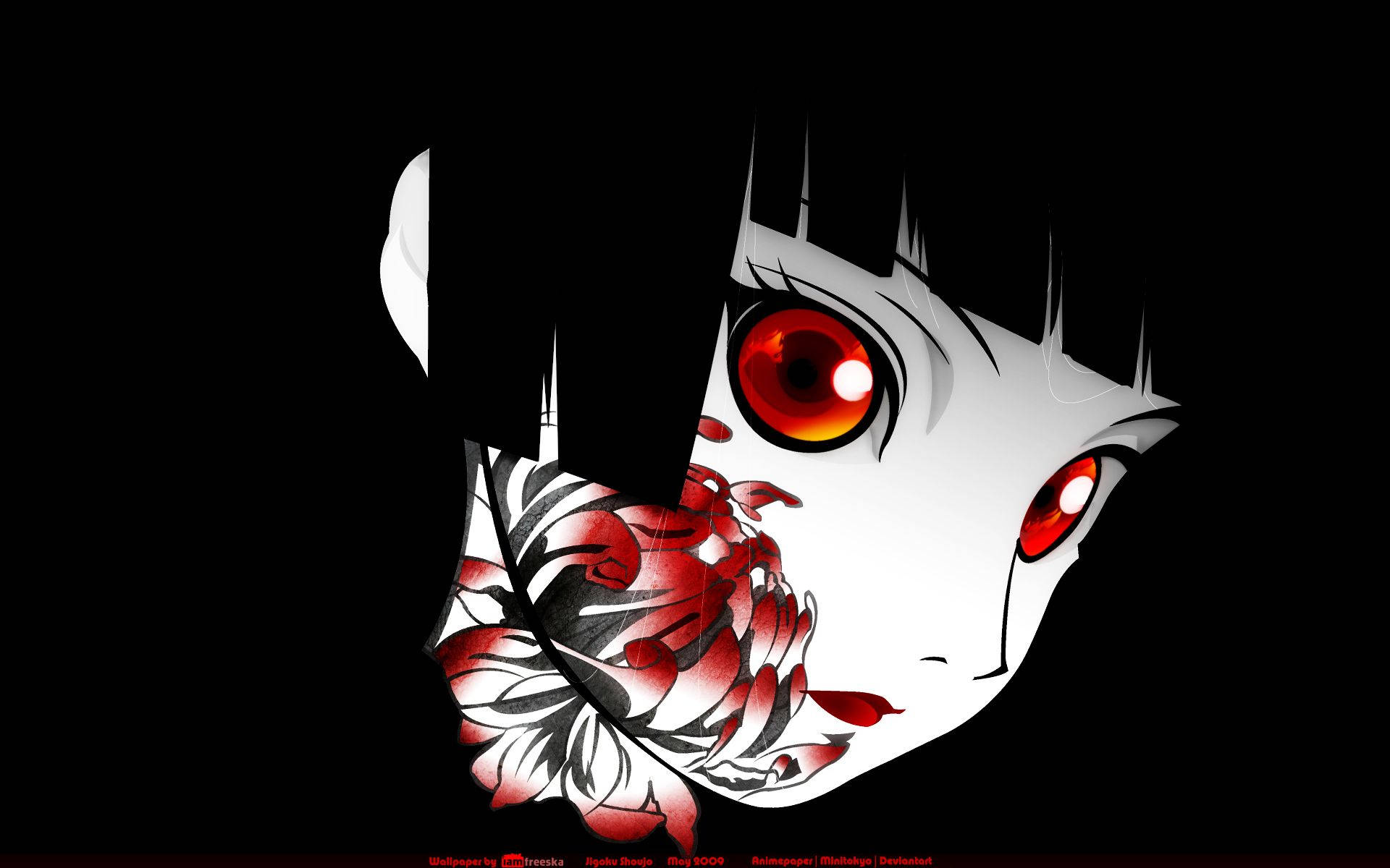 黑暗背景上紅眼睛和臉頰花卉圖案的動漫女孩