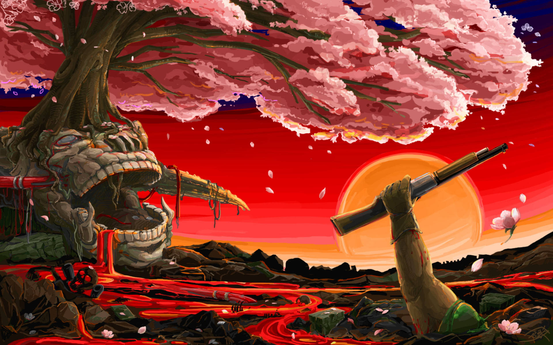 戰士手臂在血紅夕陽下於櫻花樹下握著步槍
