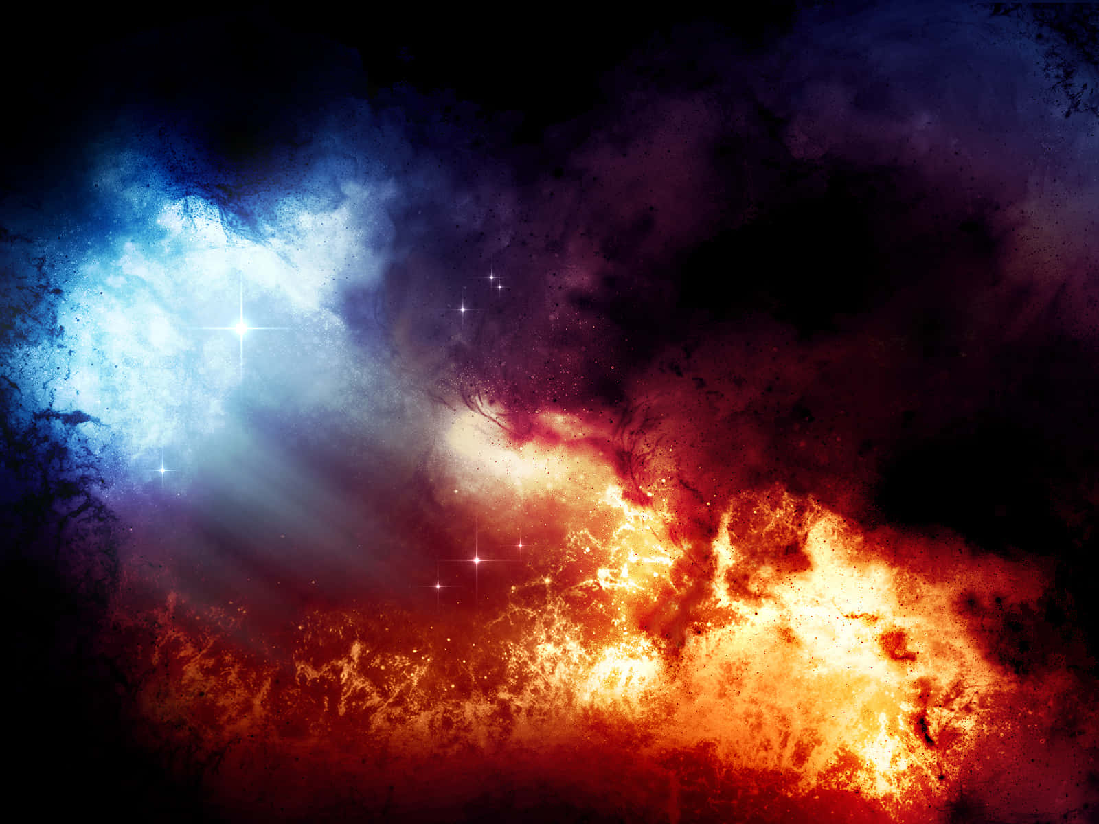 宇宙星雲，火橙色和冰藍色的雲層閃爍著星星。