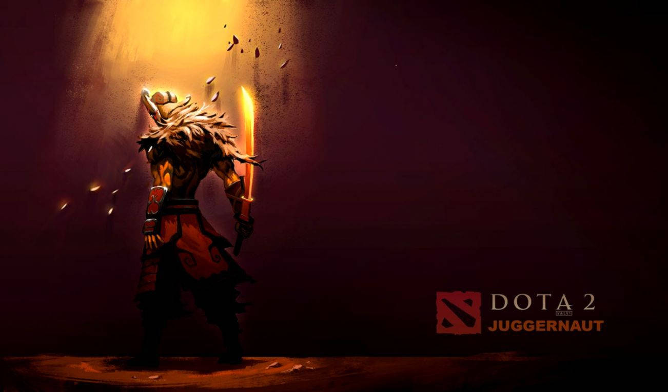 地獄男爵 Dota 2 海報 壁紙 — 一名戰士手持火焰劍，站在被金色光束照亮的黑暗房間中。