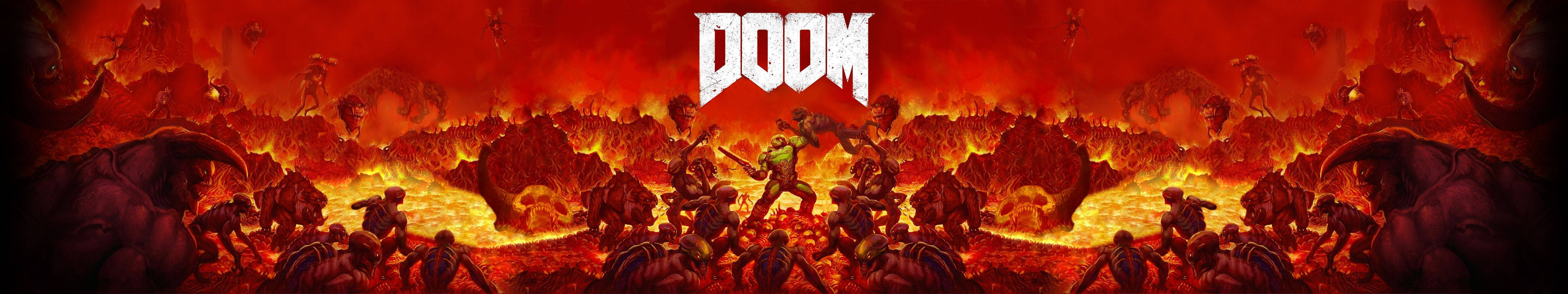 Doom士兵在熾熱的地獄景觀中與惡魔生物戰鬥。