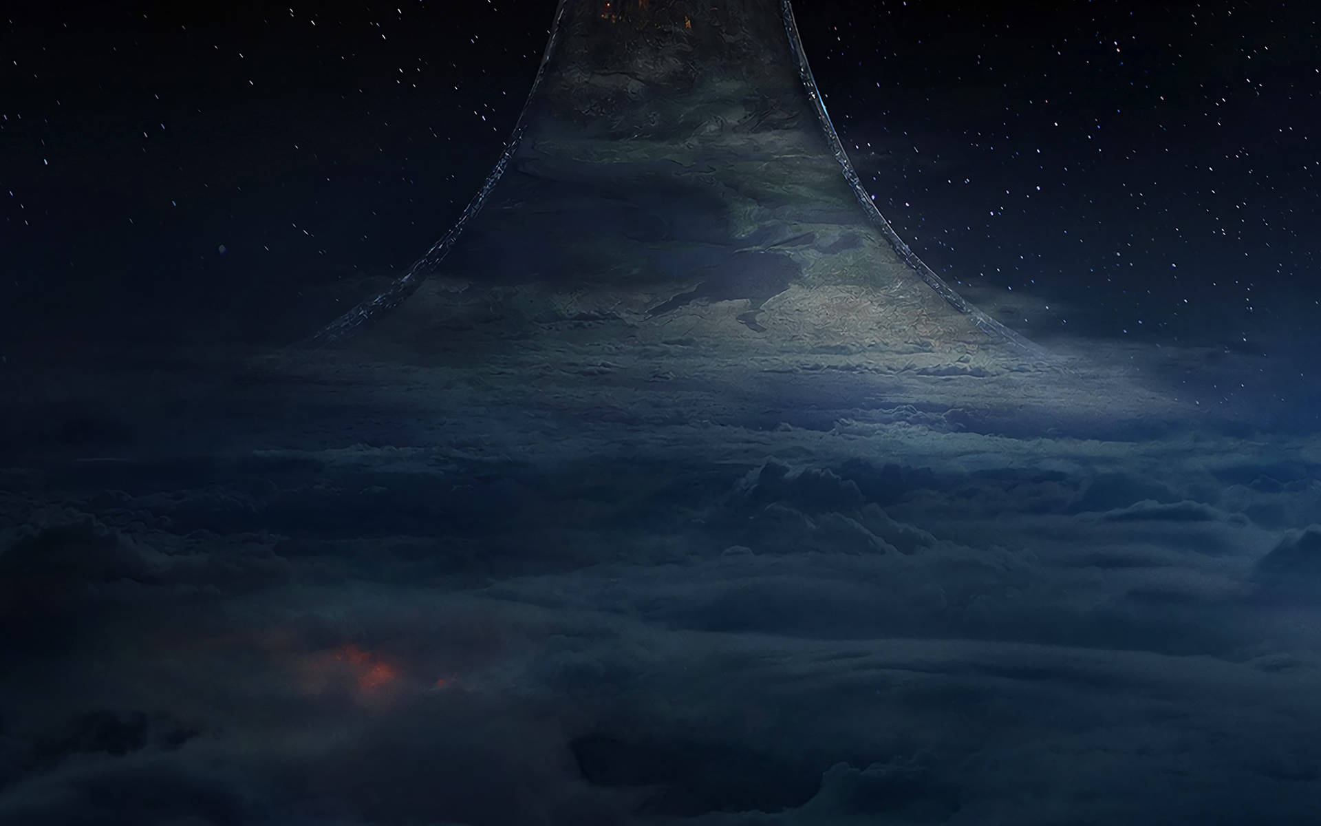 一座高聳的宇宙山脈從雲層中浮現，下方是星光燦爛的夜空和發光的星雲。