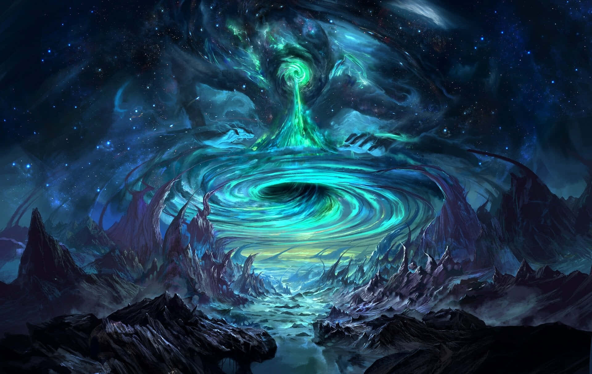 地獄魔獸酷炫照片背景 壁紙 — 發光的青綠色能量宇宙漩渦在星夜下於崎嶇山脈上空盤旋。
