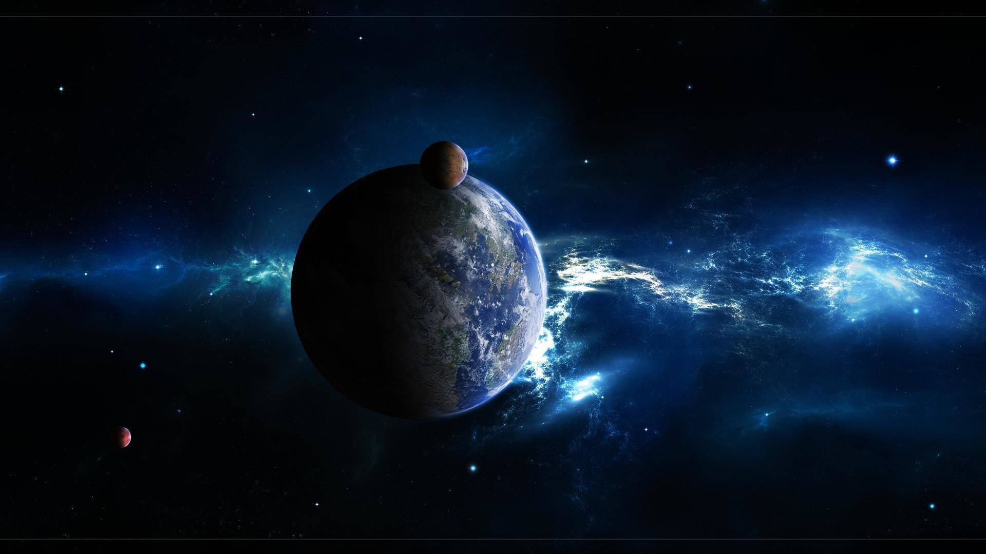 地球、月球與藍光的太空電腦壁紙 壁紙 — 從太空俯瞰地球的壯麗景色，充滿活力的藍色星雲和遙遠的星星照亮了宇宙場景。