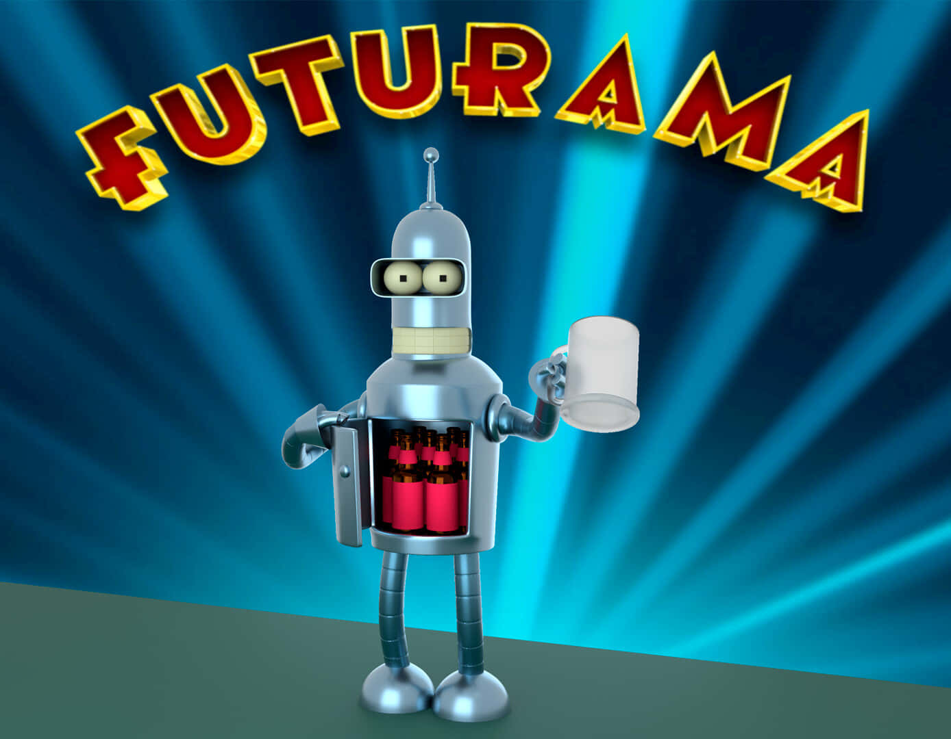 銀色機械人拿著帶有 Futurama 標誌的杯子，背景為藍色