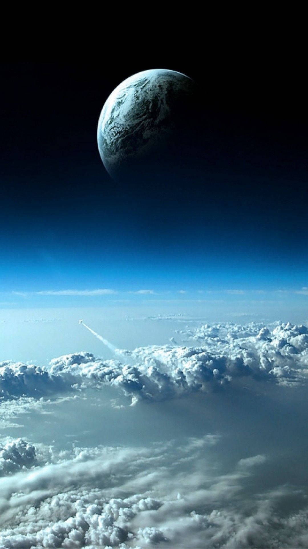 地球位於雲層之上 iPhone 6 壁紙 — 一枚火箭劃過蓬鬆的白雲，朝向遙遠的藍白行星，背景是深邃的黑色天空。