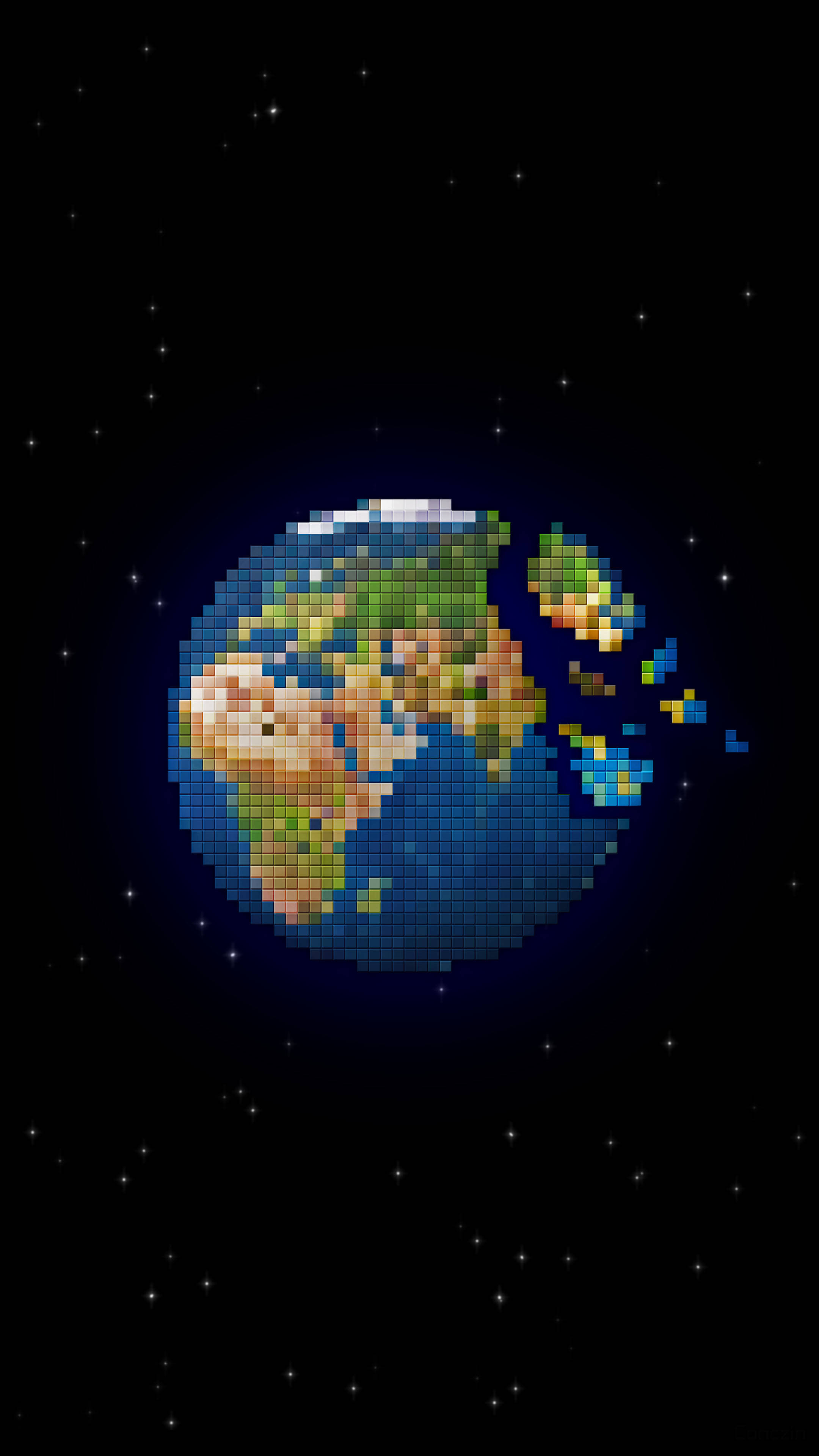 地球像素藝術太空手機壁紙 壁紙 — 像素化地球漂浮在星空之中，大陸和海洋以塊狀鮮豔色彩呈現。