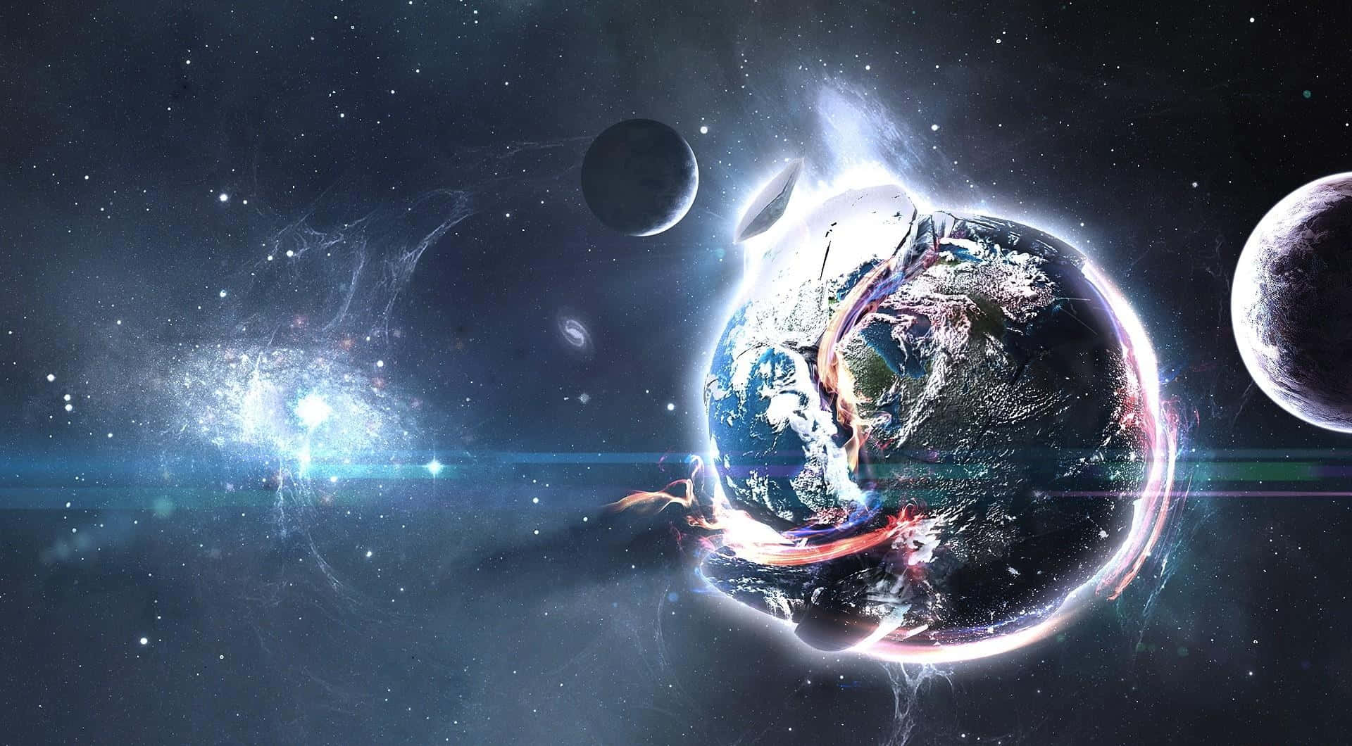 地球散發宇宙光芒，被行星和星星環繞