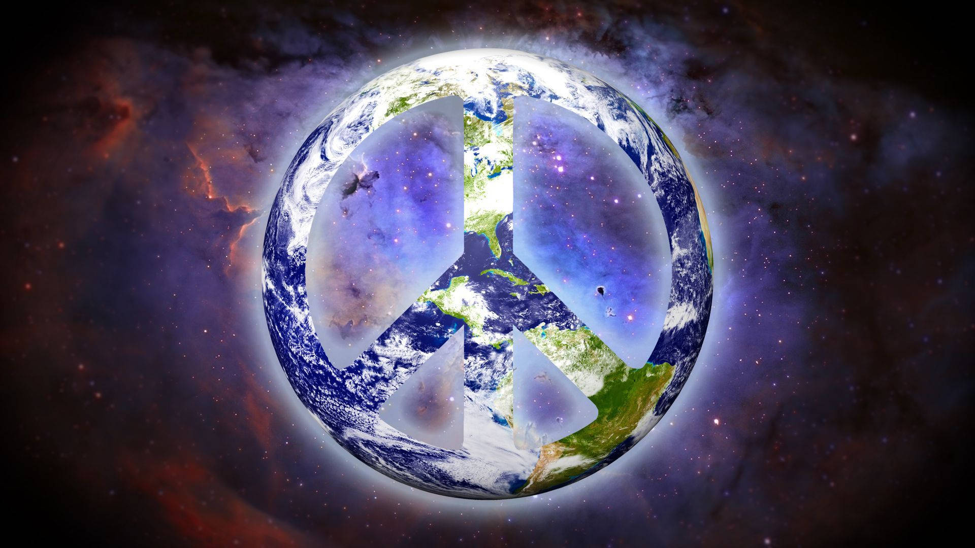 地球帶有和平標誌疊加在星雲背景上。