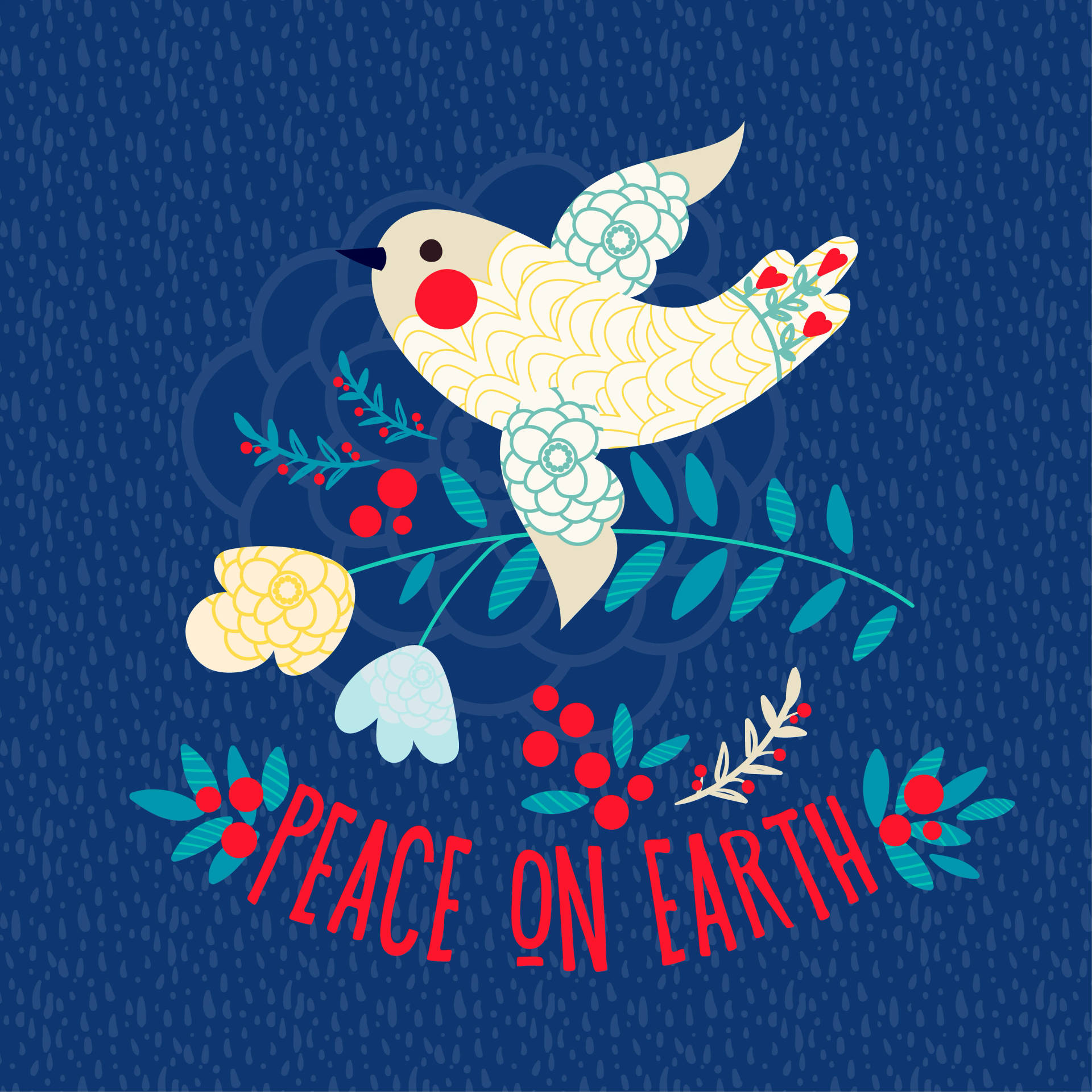 一隻裝飾過的鴿子，在 peace on earth 字樣上方叼著一枝帶有莓果和花朵的樹枝。