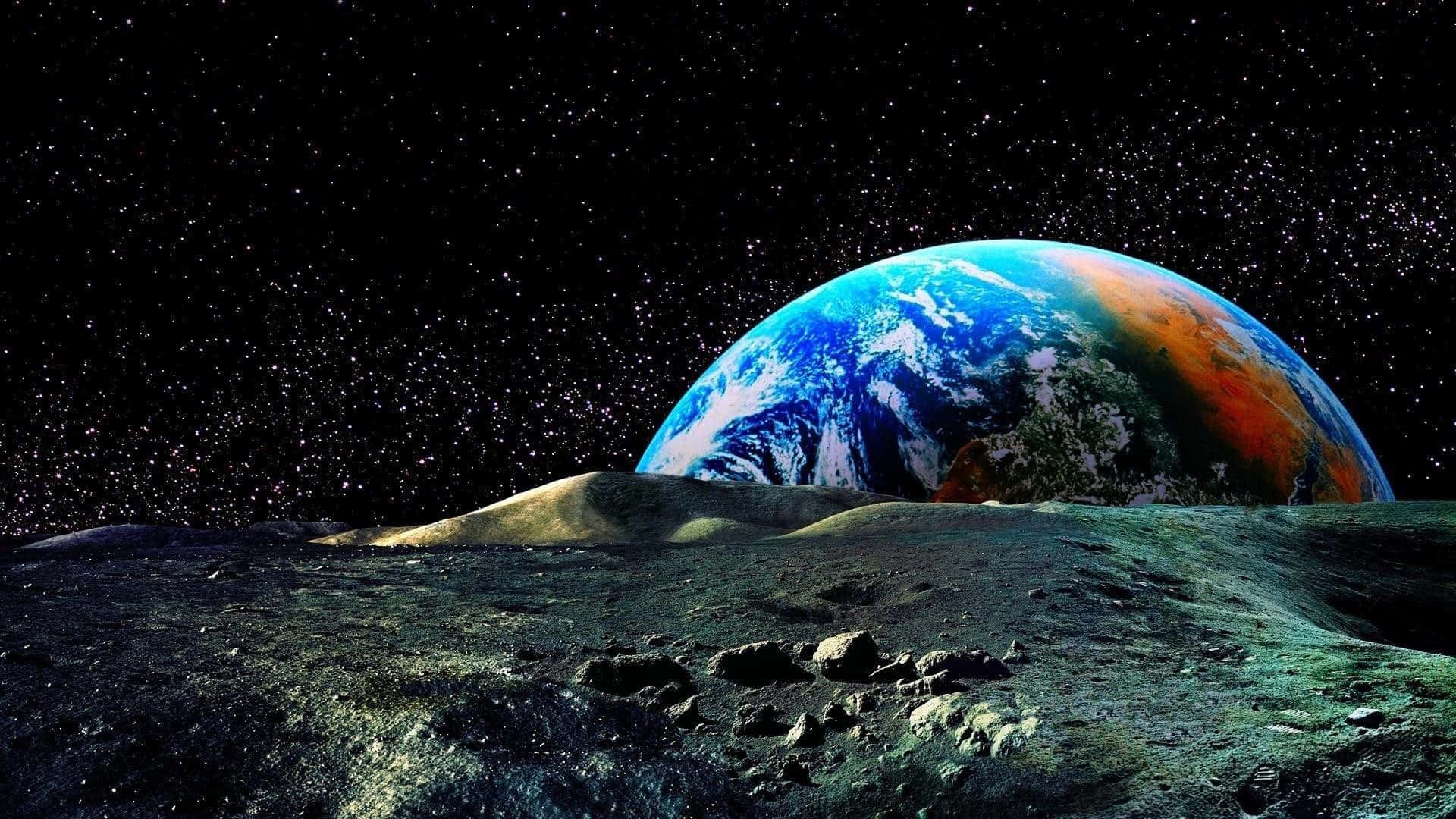 Trippy Space 桌布 壁紙 — 地球在佈滿隕石坑的月球景觀上升起，背景是星空，有鮮豔的藍色海洋和橙色大陸。