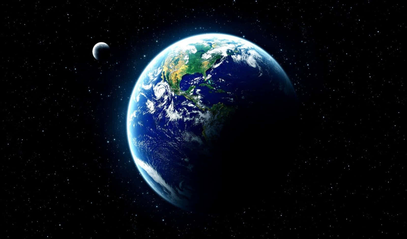 3d Earth 桌布 壁紙 — 地球在太空中發出藍色和綠色的光芒，月球在附近，星星在黑色虛空中閃爍。