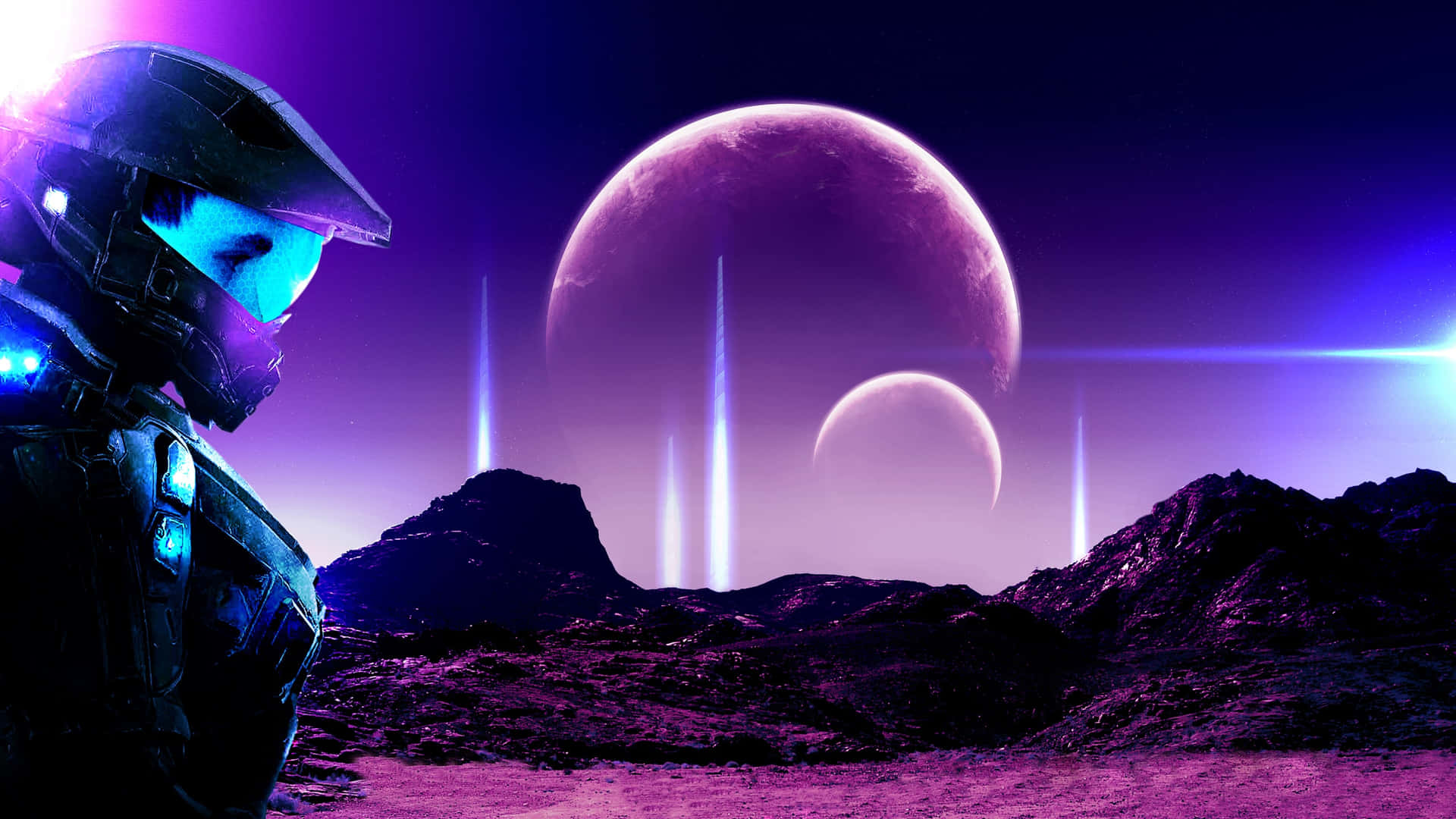 穿著發光盔甲的未來戰士站在一個有雙月的紫色外星行星上。