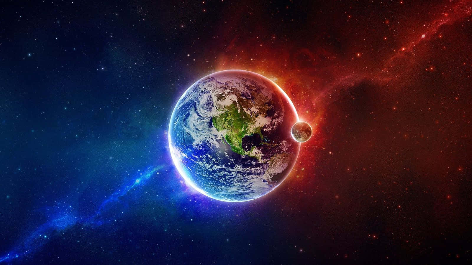 Earth Science 桌布 壁紙 — 地球在旋轉的紅色和藍色星雲及遙遠恆星的宇宙背景下，散發出鮮豔的藍色和綠色光芒。