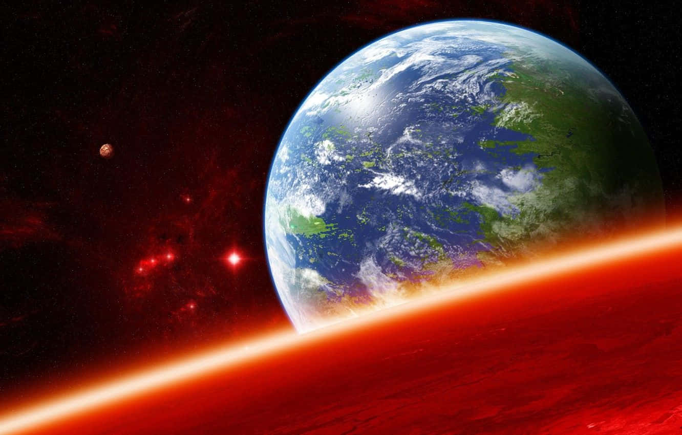 Exoplanet 桌布 壁紙 — 地球在深空中散發藍綠色光芒，背景是熾熱的紅色星雲和遙遠的星星。