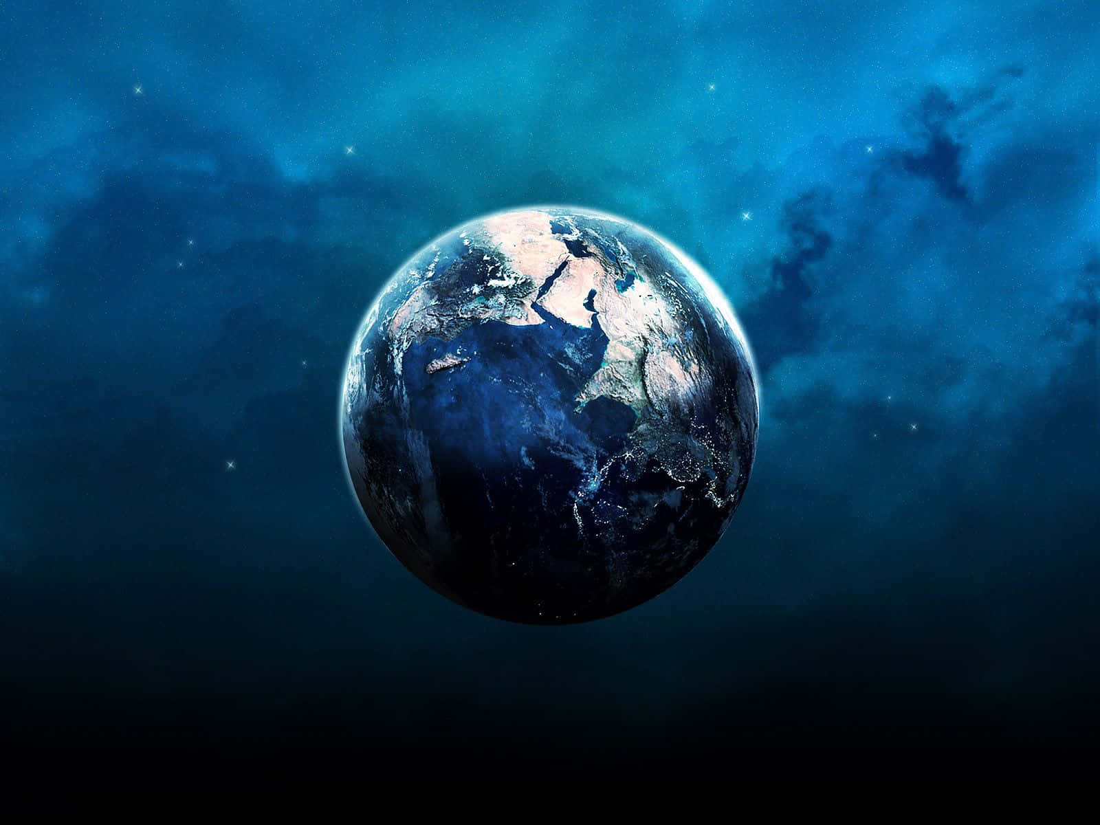 Earth Science 桌布 壁紙 — 地球在深藍色宇宙空間中漂浮的壯麗景象，周圍環繞著閃爍的星星和星雲。