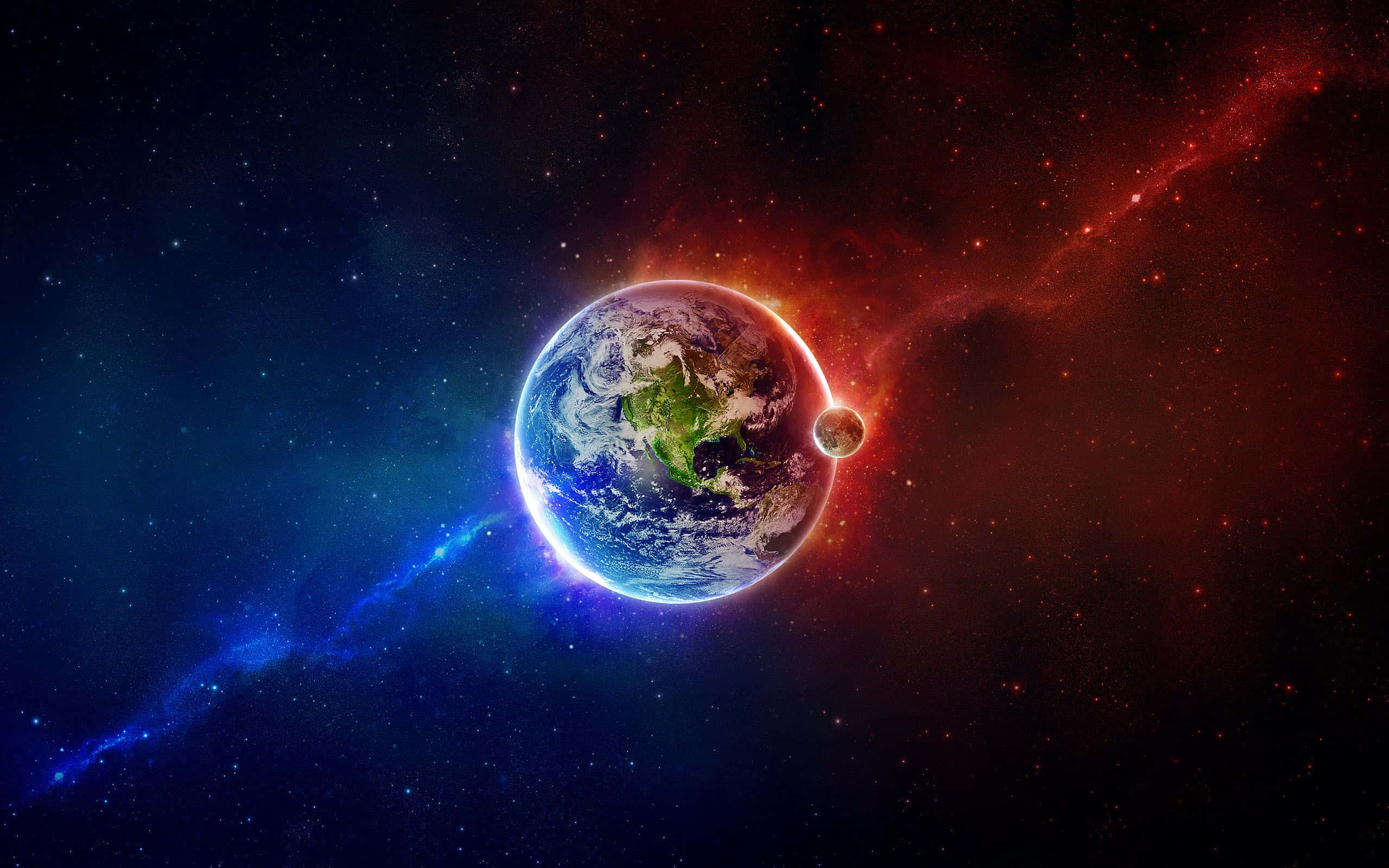 Universe 桌布 壁紙 — 地球在紅色和藍色星雲及遙遠恆星的宇宙背景下，散發出鮮豔的藍色和綠色光芒。